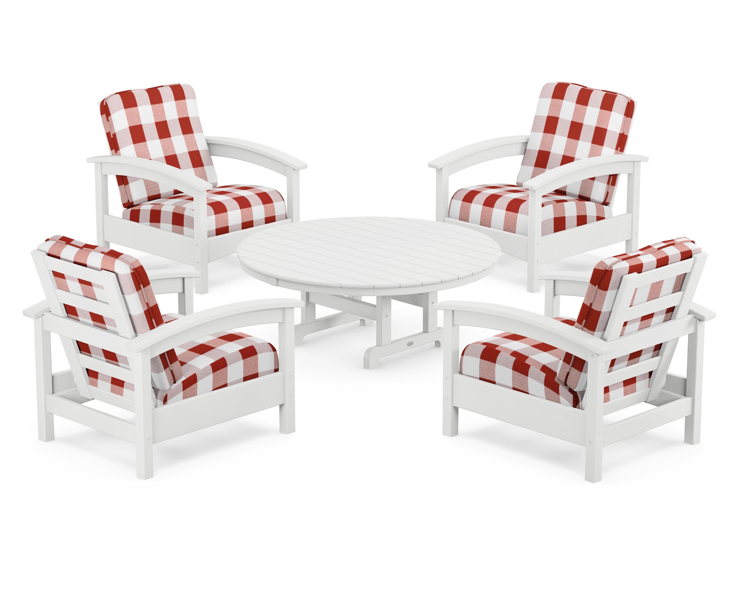 Rockport 5-Piece Deep Seating Set in Classic White / Buffalo Plaid Crimson