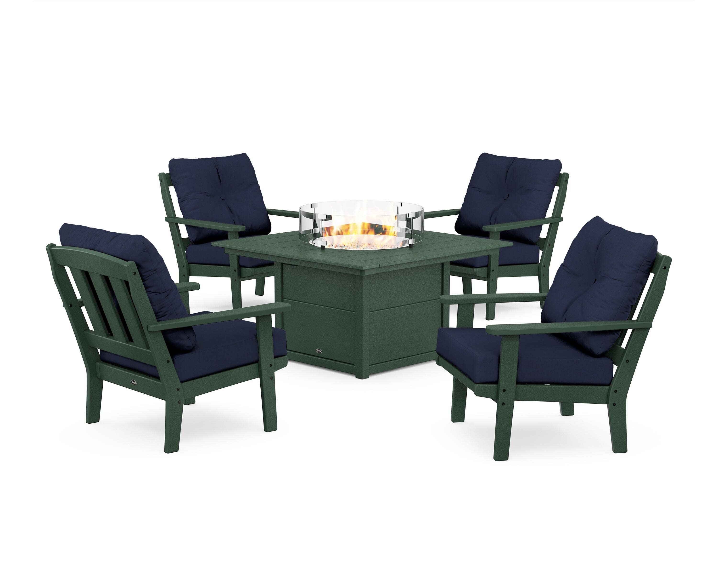 Cape Cod 5-Piece Deep Seating Set with Fire Pit Table in Rainforest Canopy / Spectrum Indigo