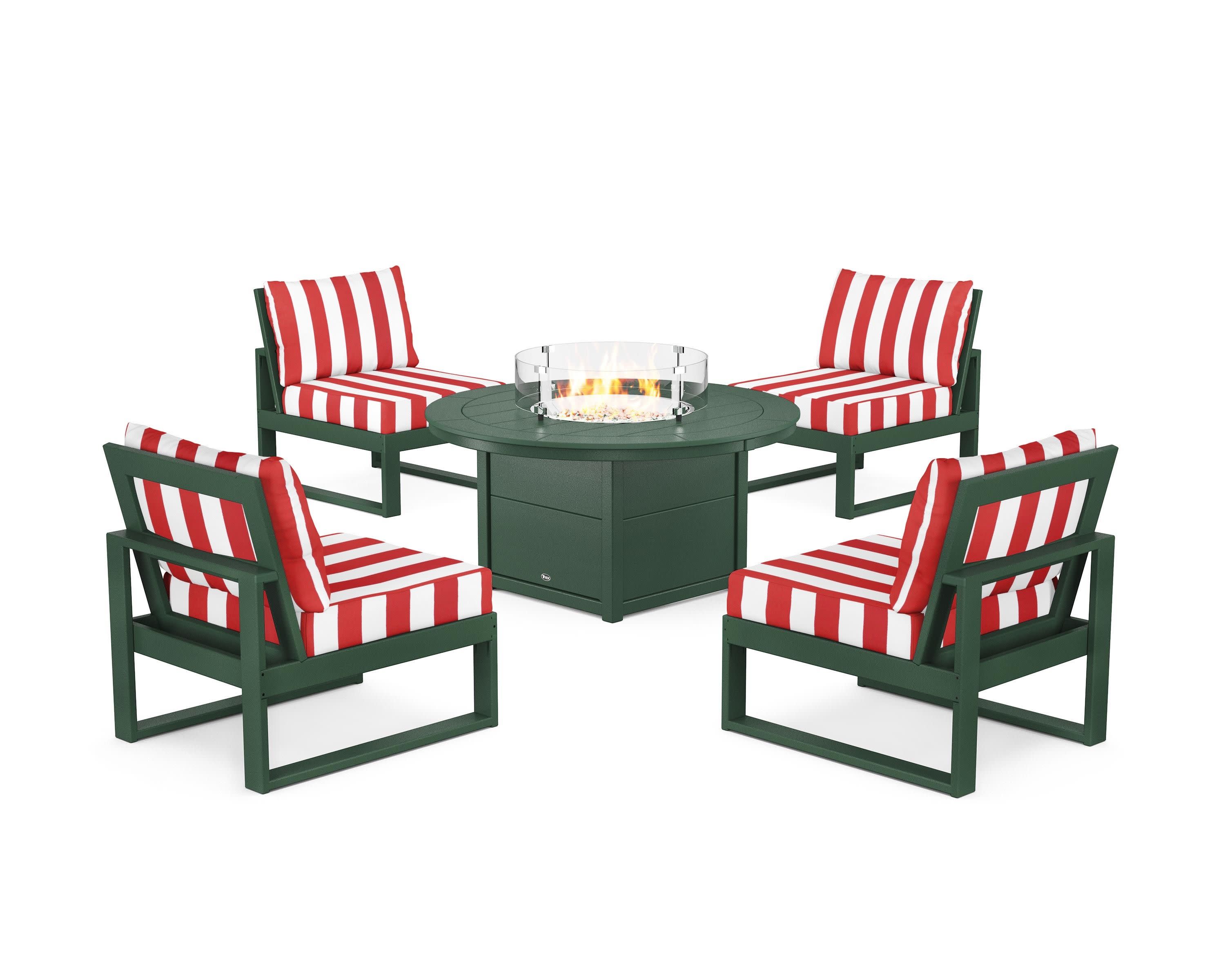 Eastport Modular 5-Piece Deep Seating Set with Round Fire Pit Table in Rainforest Canopy / Cabana Stripe Crimson