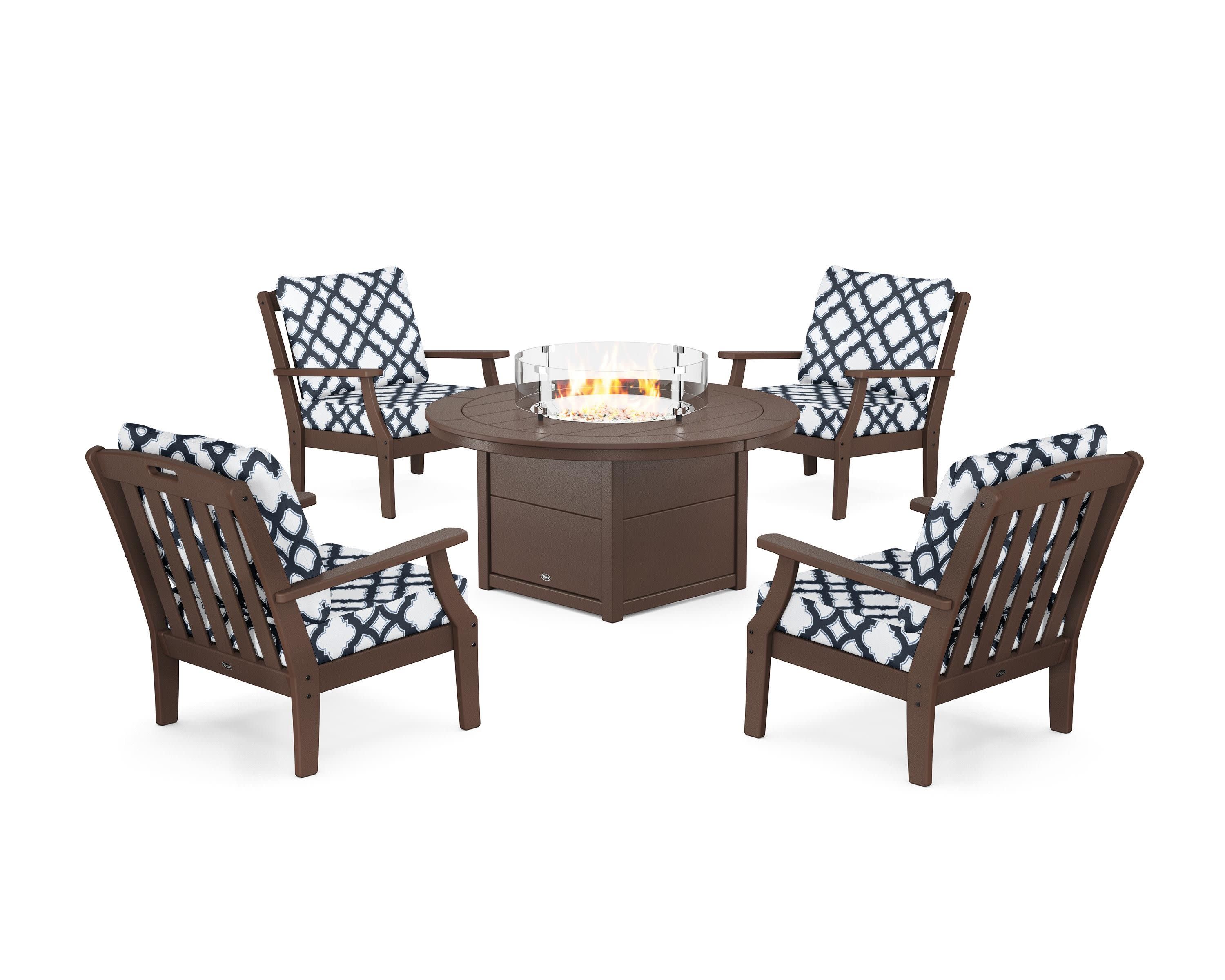 Yacht Club 5-Piece Deep Seating Set with Round Fire Pit Table in Vintage Lantern / Trellis Marine Indigo