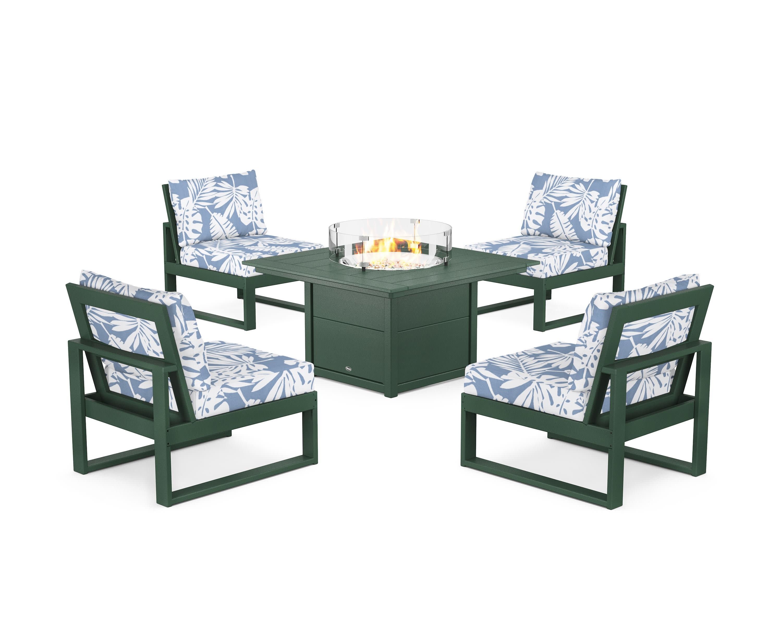 Eastport Modular 5-Piece Deep Seating Set with Square Fire Pit Table in Rainforest Canopy / Leaf Sky Blue