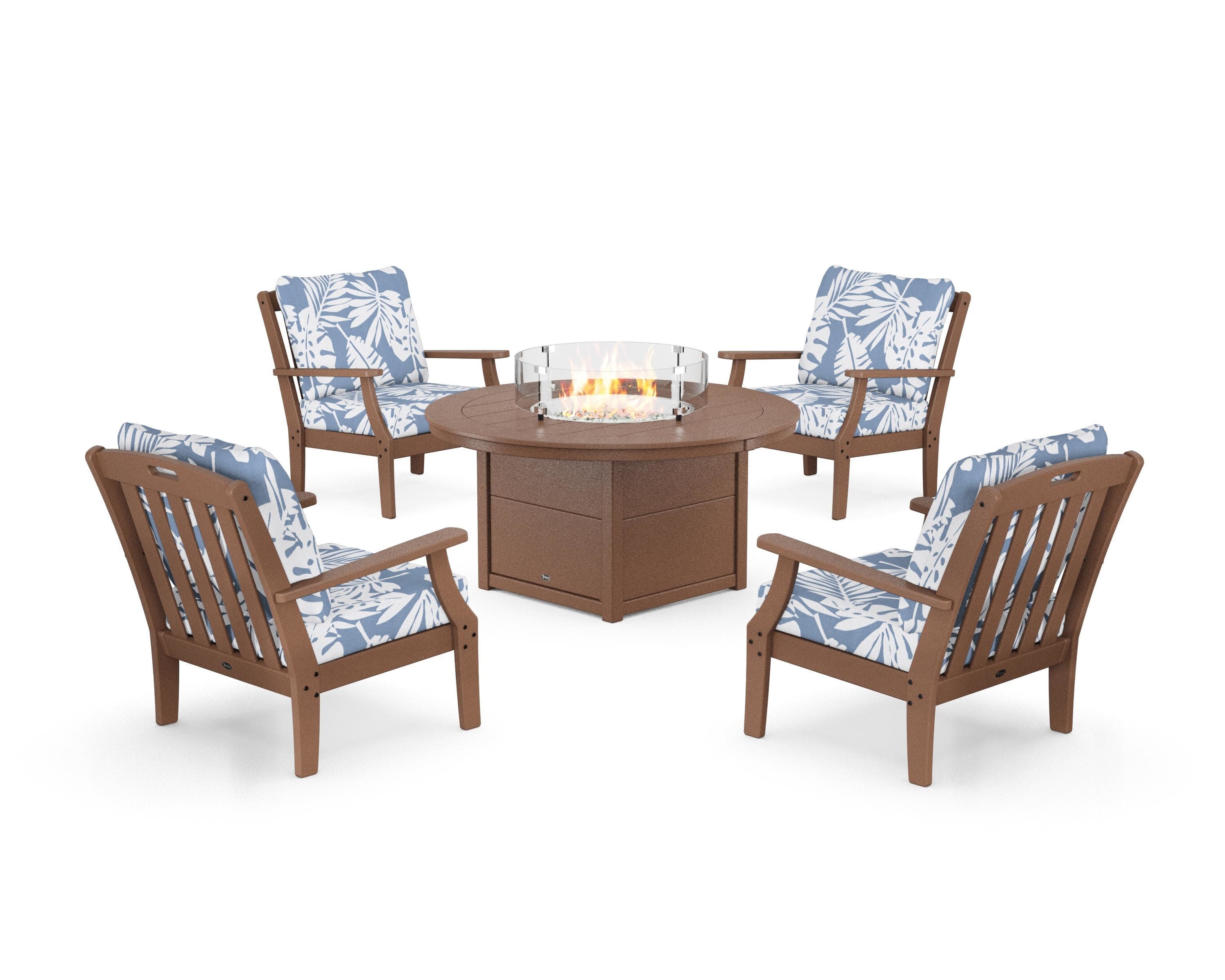 Yacht Club 5-Piece Deep Seating Set with Round Fire Pit Table in Tree House / Leaf Sky Blue