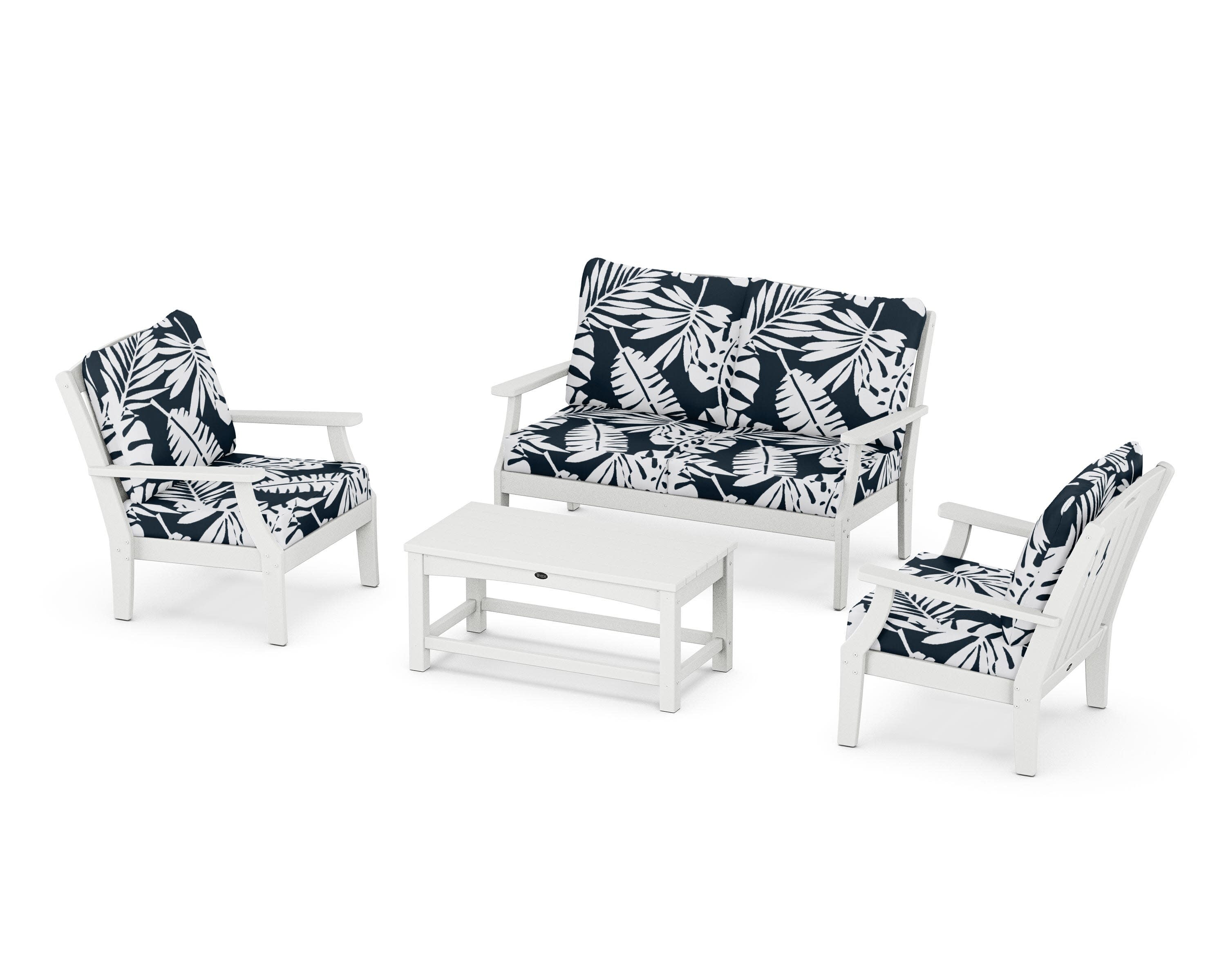 Yacht Club 4-Piece Deep Seating Chair Set in Classic White / Leaf Marine Indigo