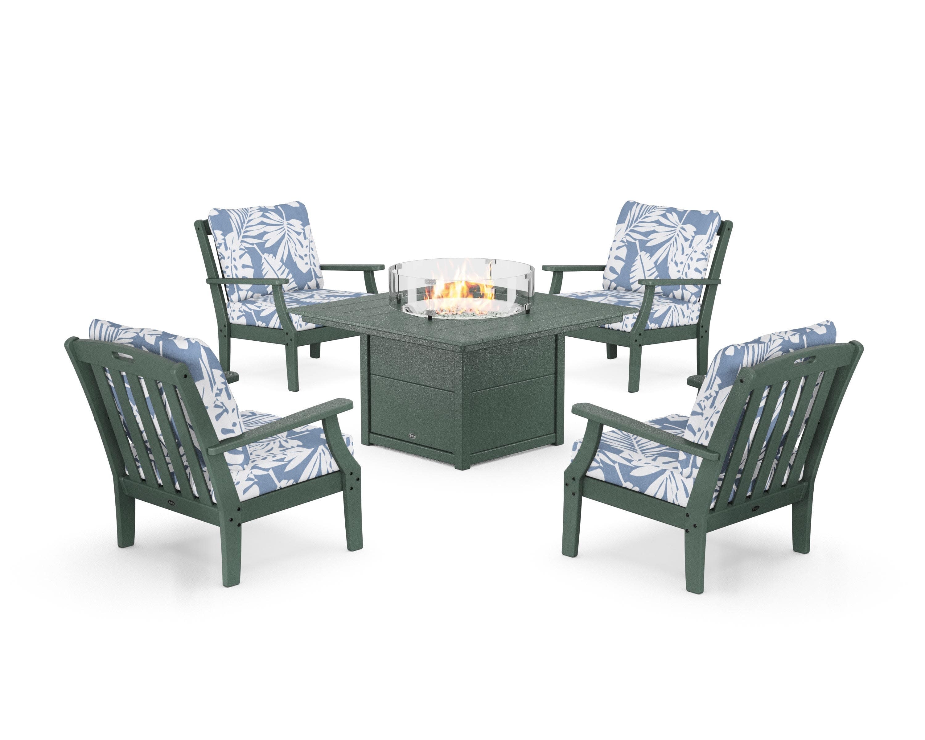 Yacht Club 5-Piece Deep Seating Set with Square Fire Pit Table in Rainforest Canopy / Leaf Sky Blue