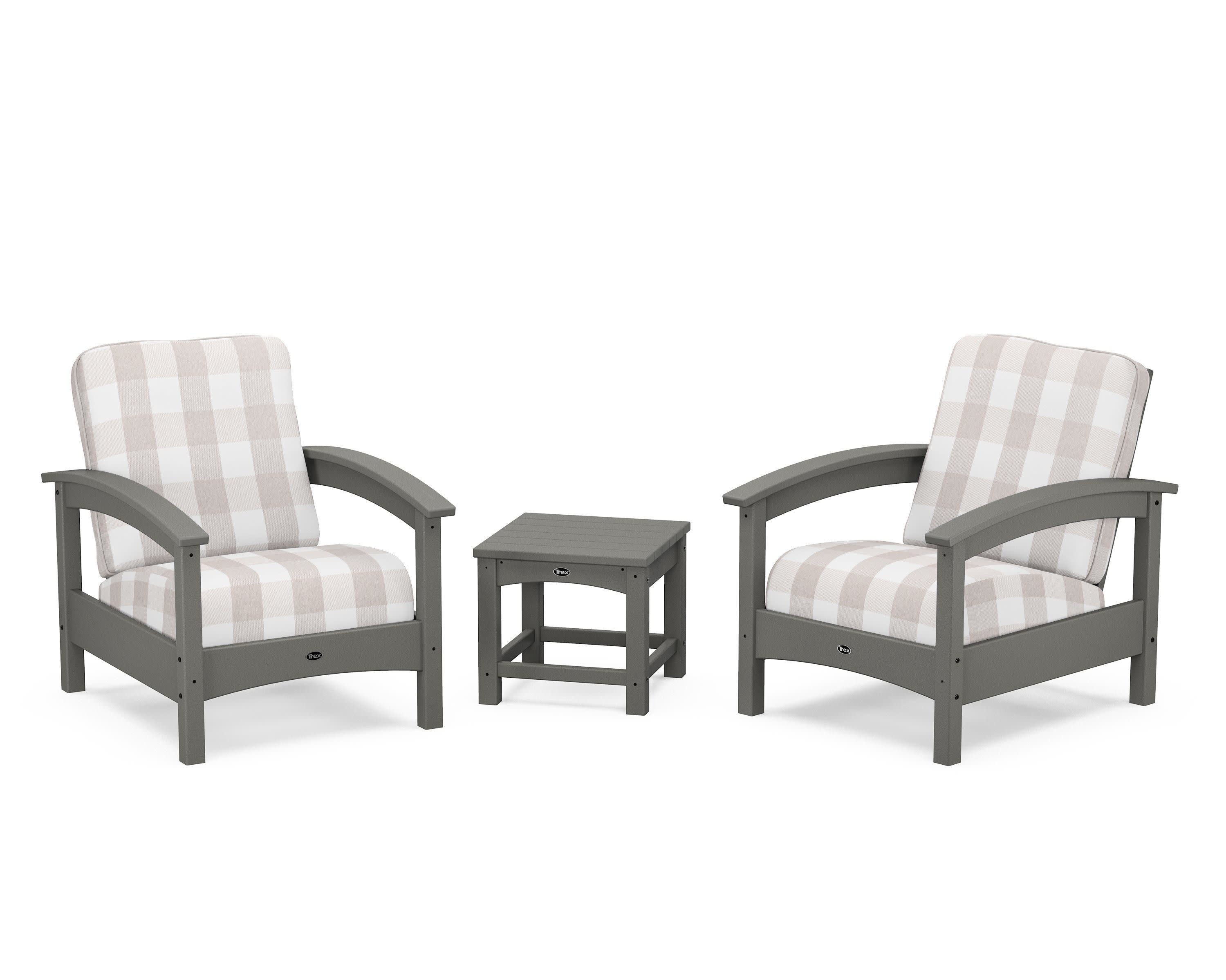Rockport Club 3-Piece Deep Seating Conversation Set in Stepping Stone / Buffalo Plaid Dune Burlap