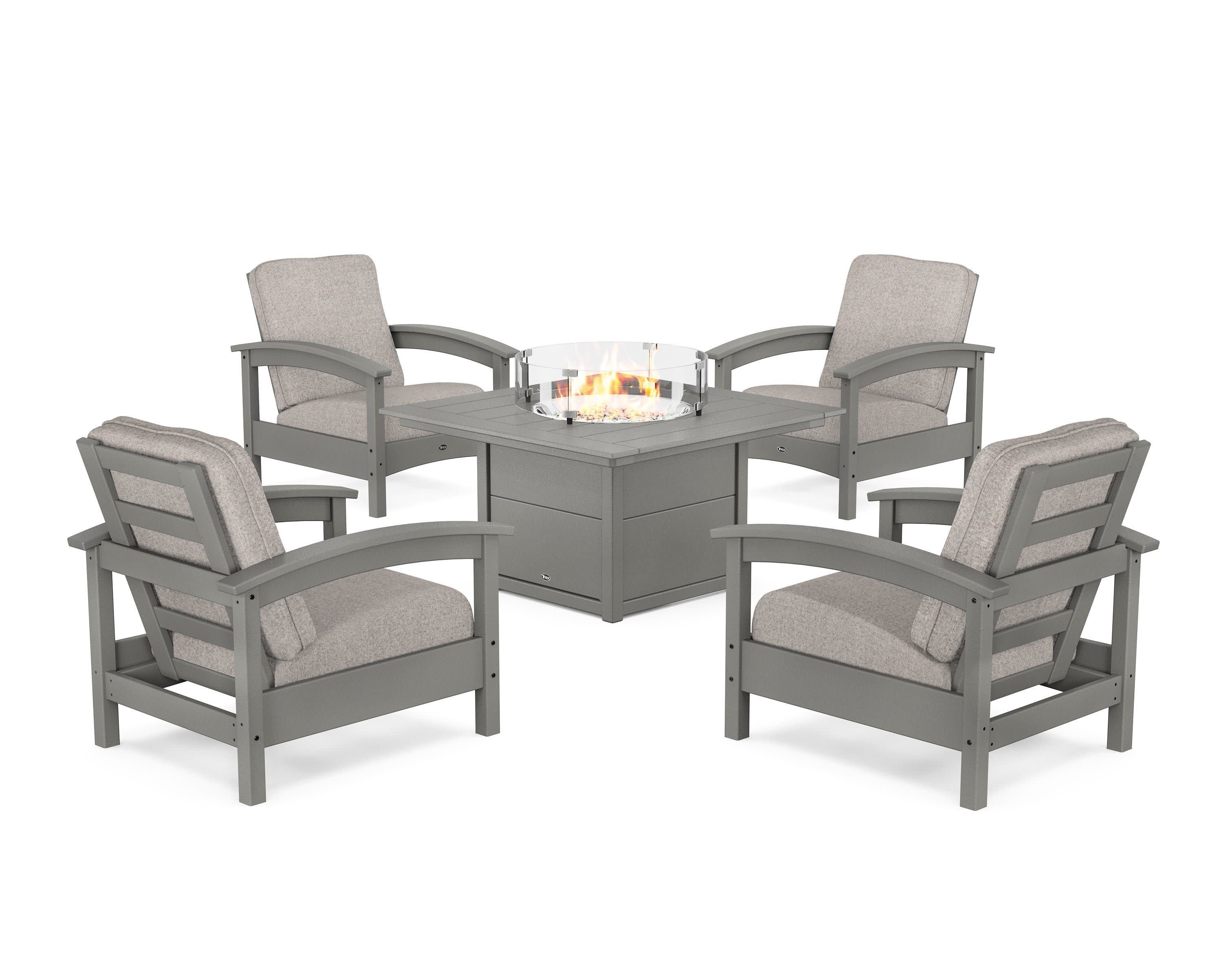 Rockport 5-Piece Deep Seating Set with Square Fire Pit Table in Stepping Stone / Weathered Tweed