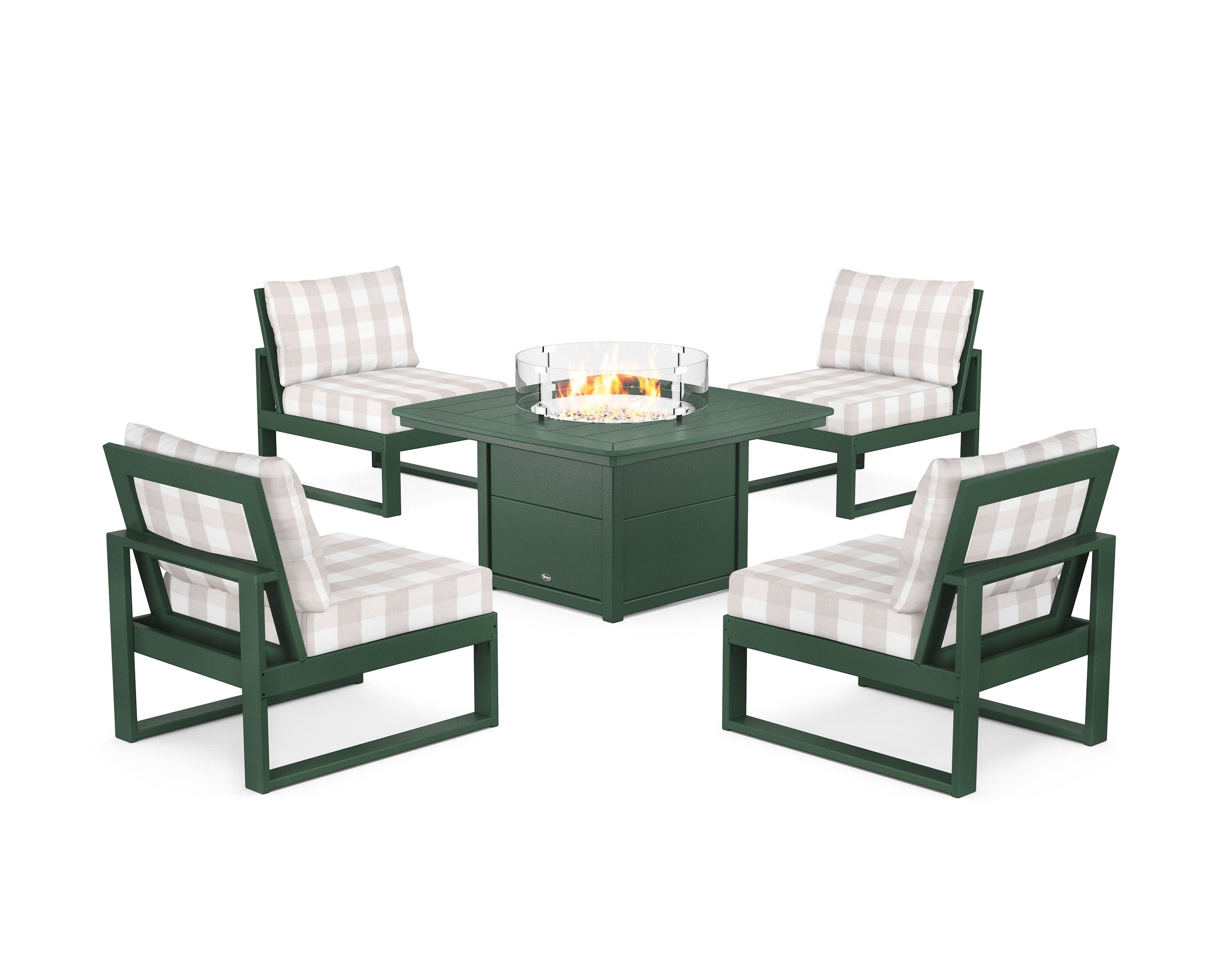 Eastport Modular 5-Piece Deep Seating Set with Yacht Club Fire Pit Table in Rainforest Canopy / Buffalo Plaid Dune Burlap