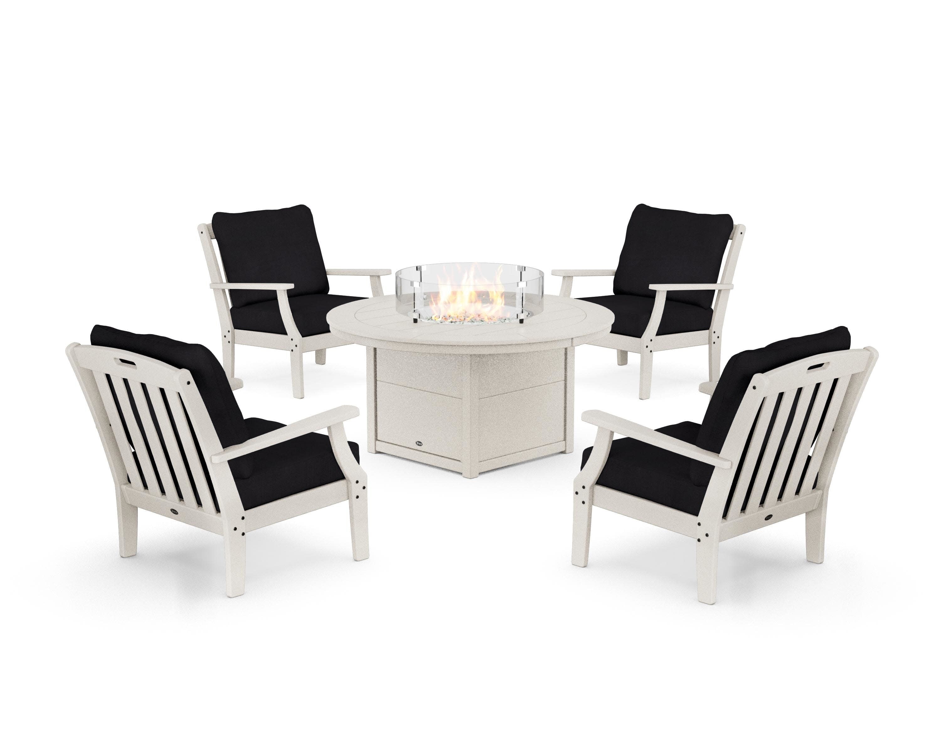 Yacht Club 5-Piece Deep Seating Set with Round Fire Pit Table in Sand Castle / Midnight Linen