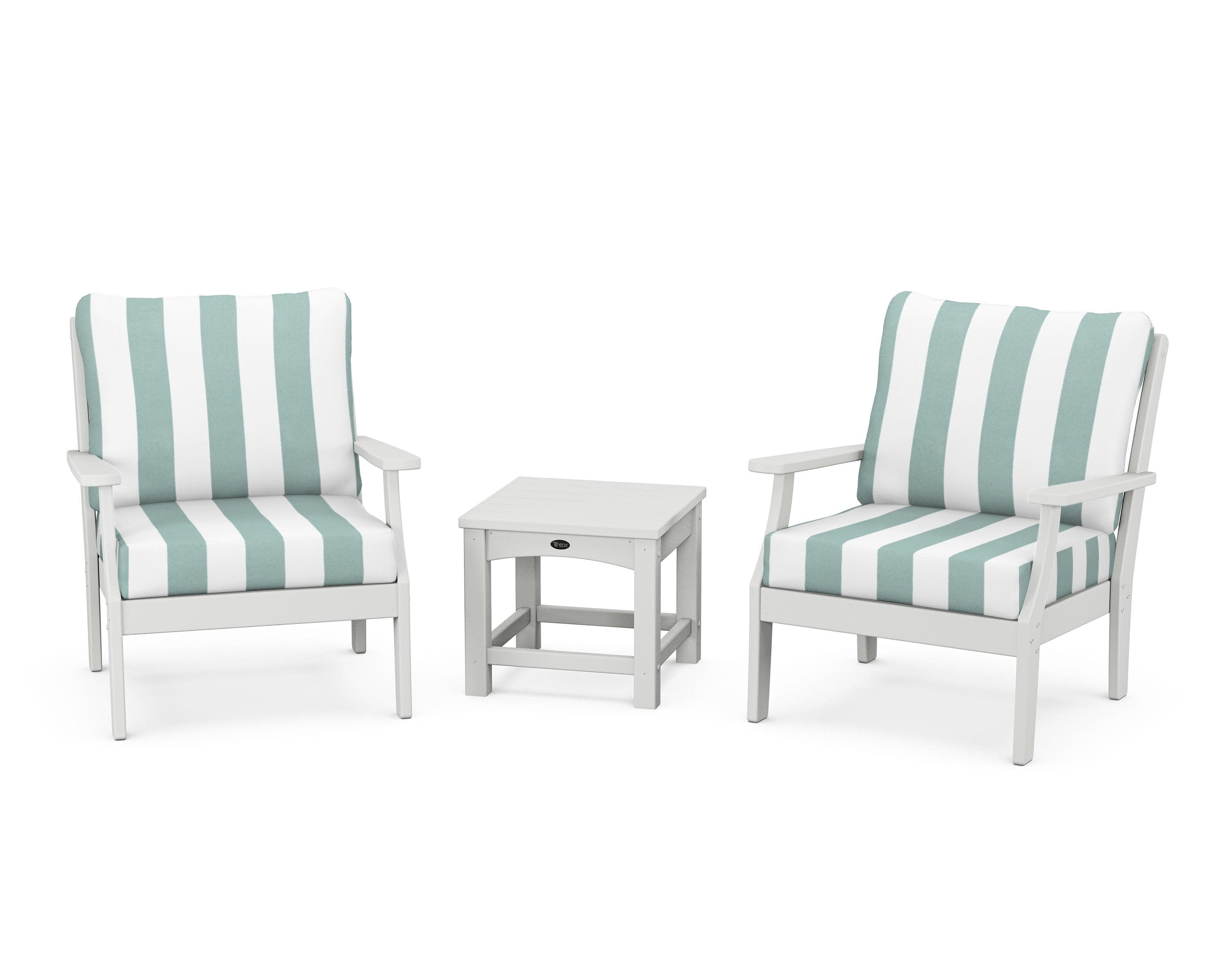 Yacht Club 3-Piece Deep Seating Set in Classic White / Cabana Stripe Glacier Spa