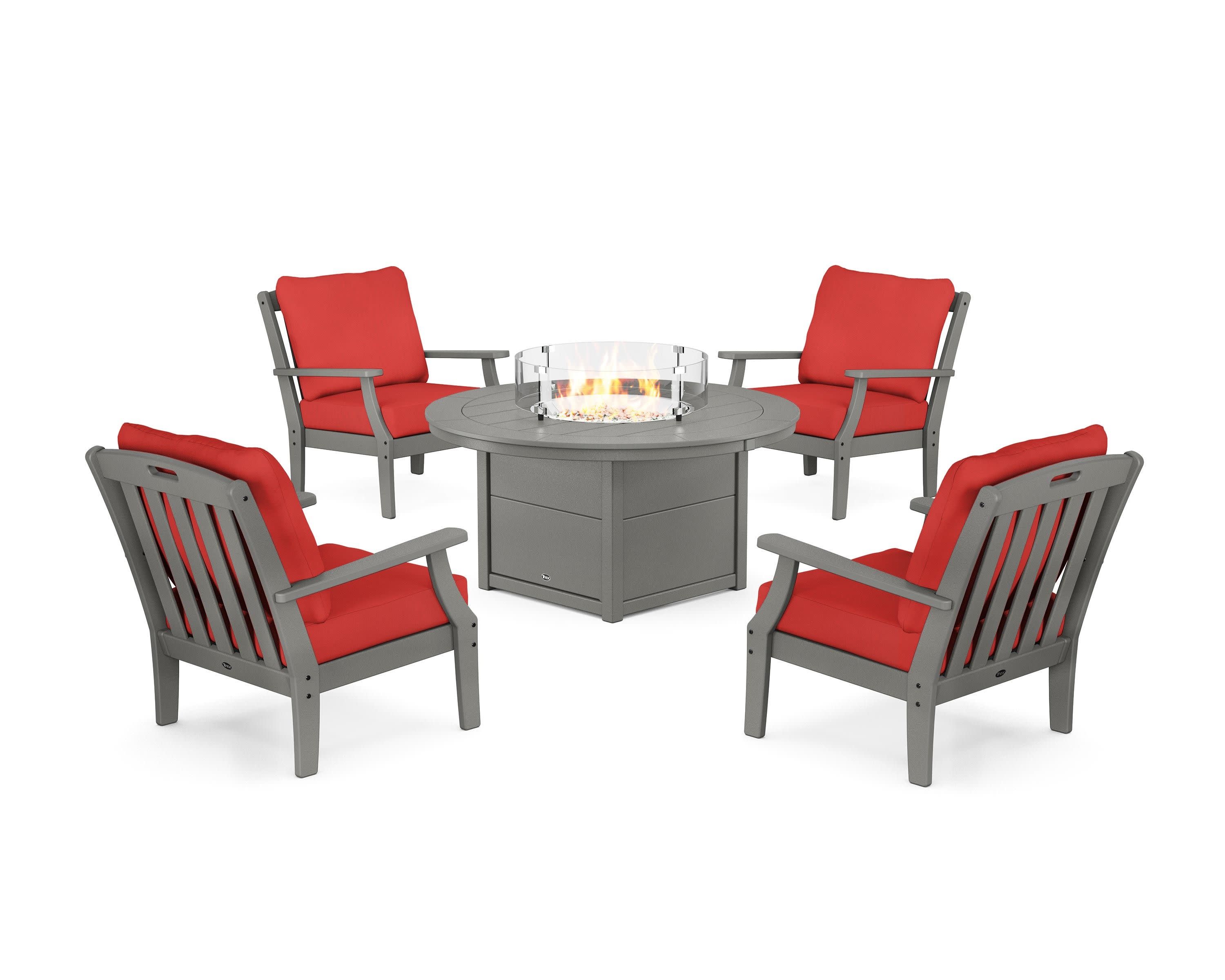 Yacht Club 5-Piece Deep Seating Set with Round Fire Pit Table in Stepping Stone / Crimson Linen