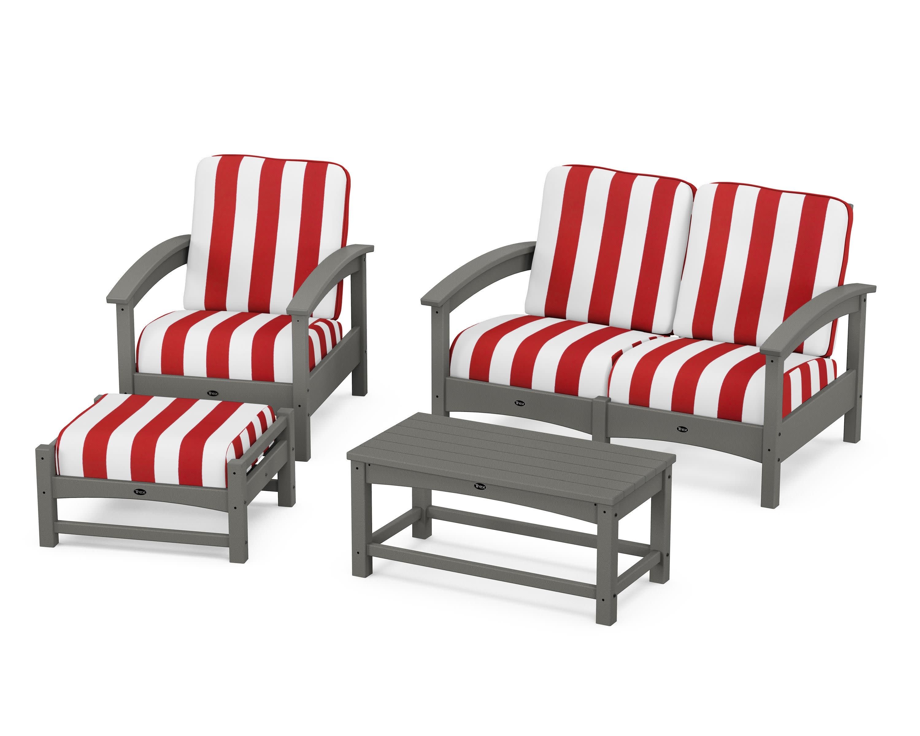 Rockport 4-Piece Deep Seating Conversation Group in Stepping Stone / Cabana Stripe Crimson