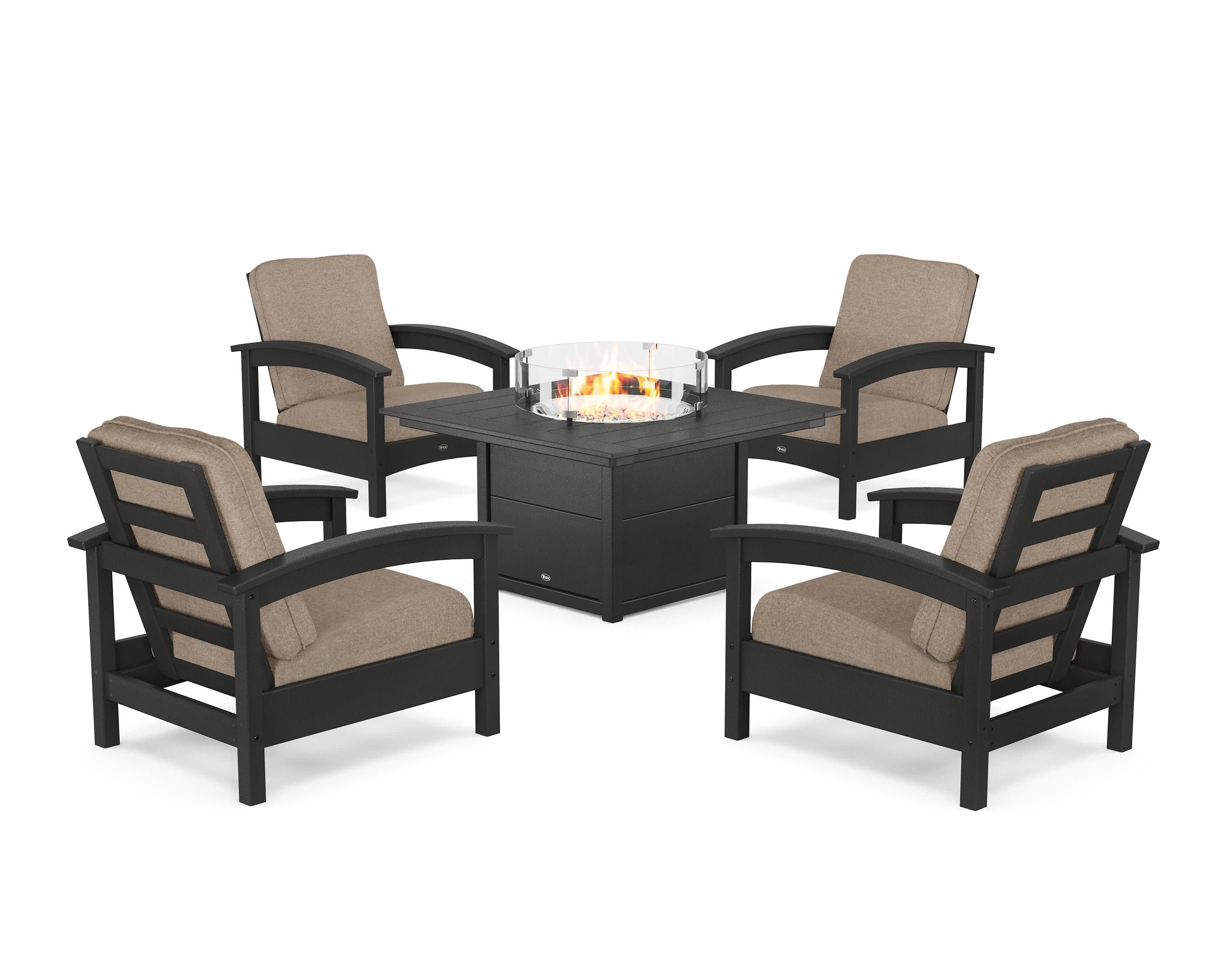 Rockport 5-Piece Deep Seating Set with Square Fire Pit Table in Charcoal Black / Spiced Burlap