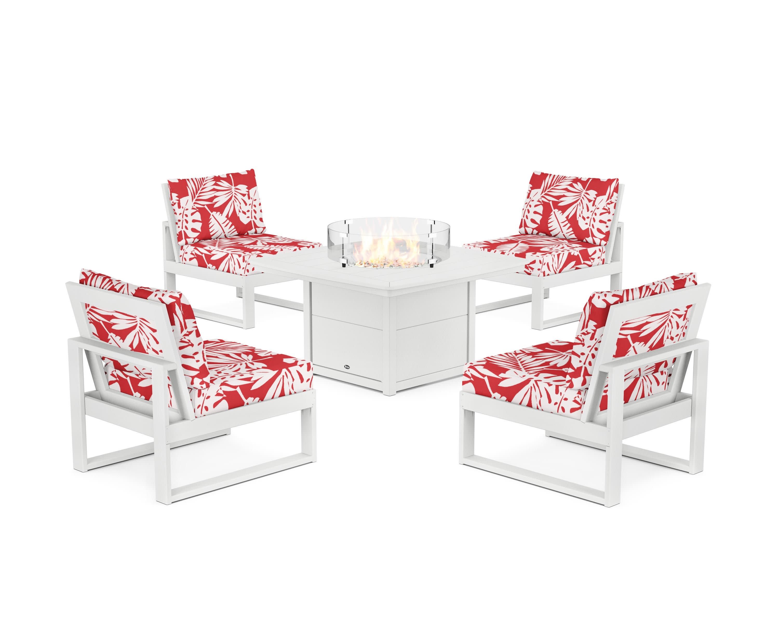 Eastport Modular 5-Piece Deep Seating Set with Yacht Club Fire Pit Table in Classic White / Leaf Crimson