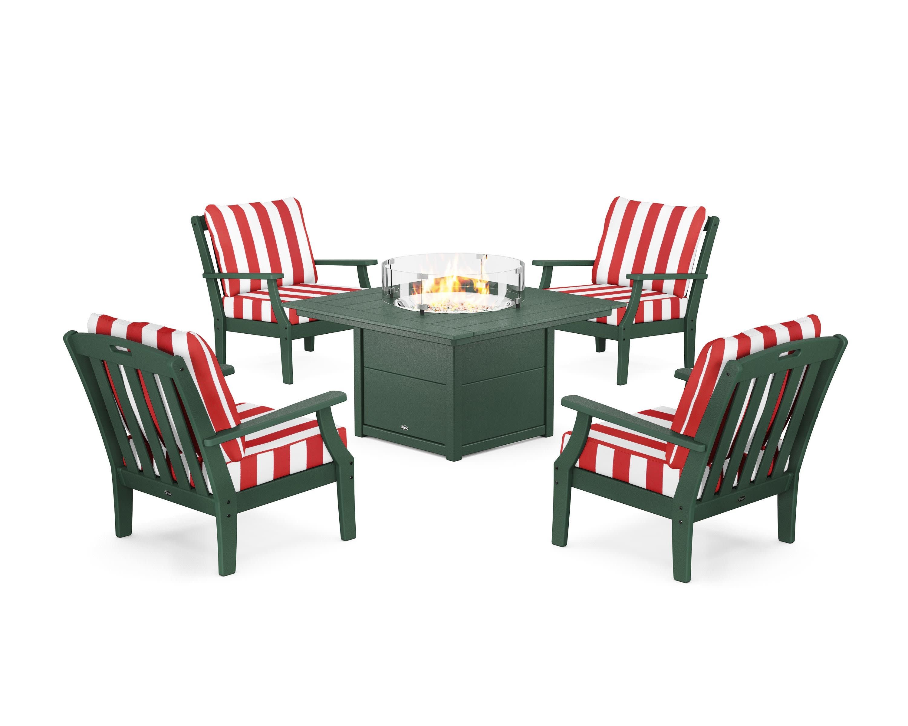 Yacht Club 5-Piece Deep Seating Set with Square Fire Pit Table in Rainforest Canopy / Cabana Stripe Crimson