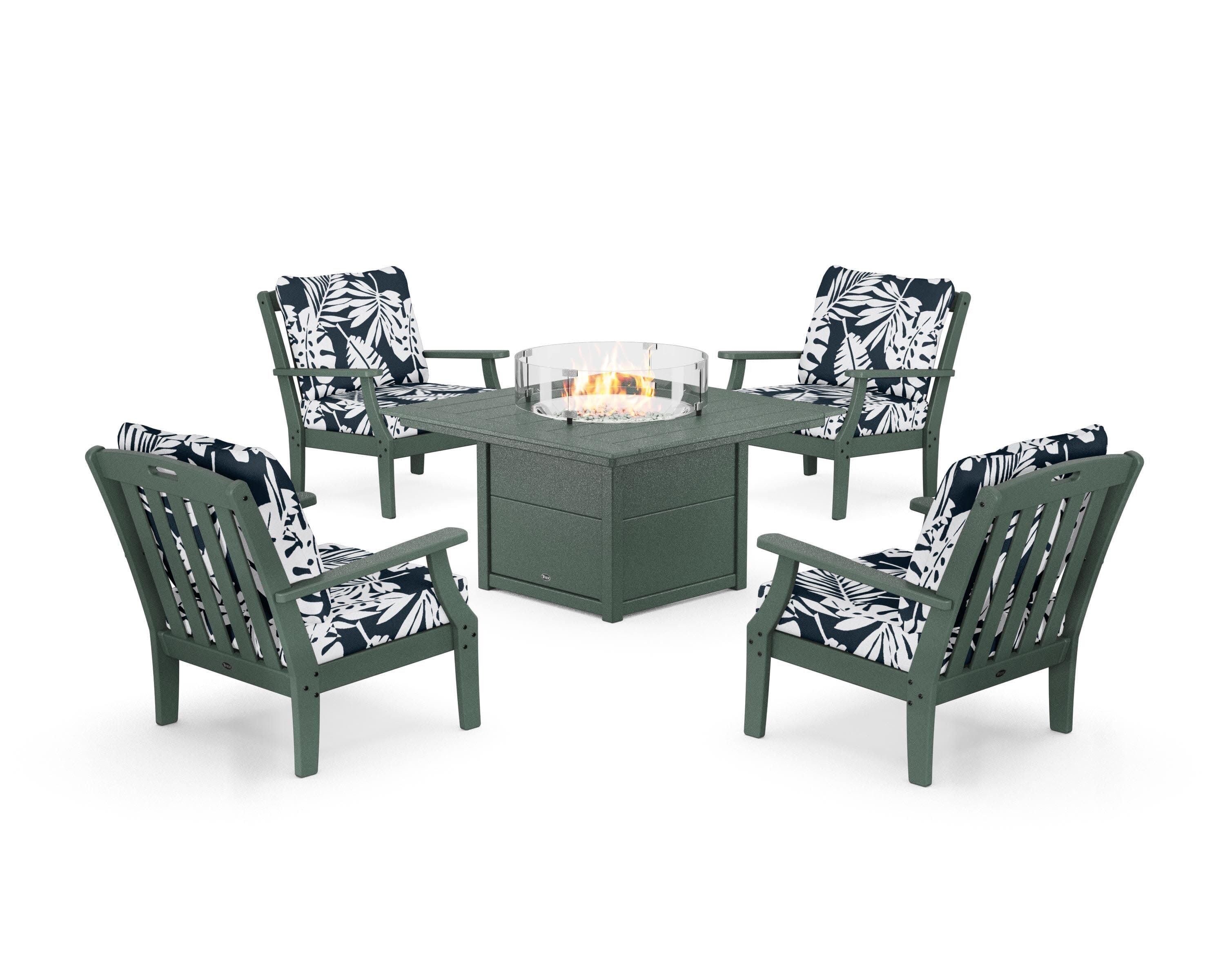 Yacht Club 5-Piece Deep Seating Set with Square Fire Pit Table in Rainforest Canopy / Leaf Marine Indigo