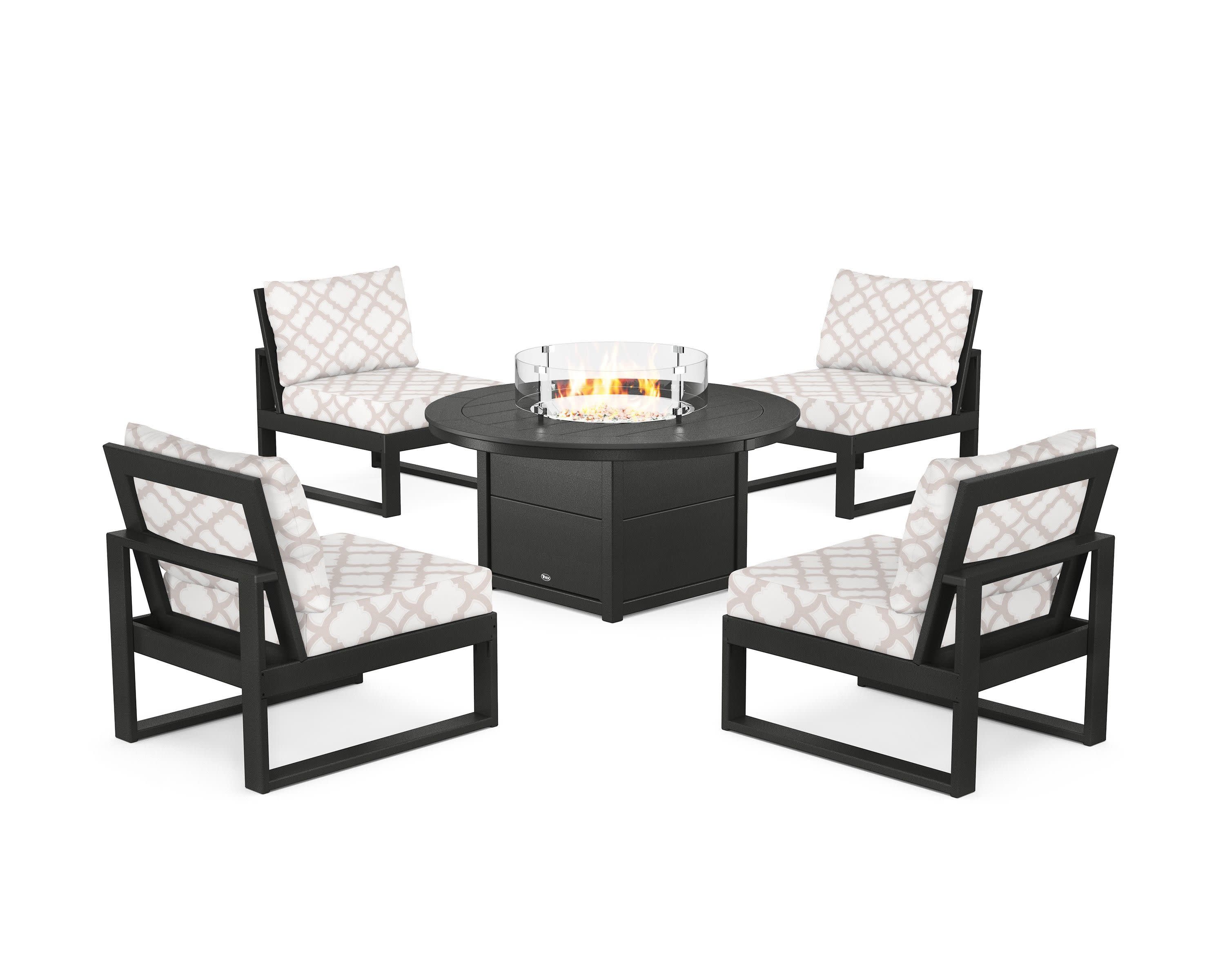 Eastport Modular 5-Piece Deep Seating Set with Round Fire Pit Table in Charcoal Black / Trellis Dune Burlap