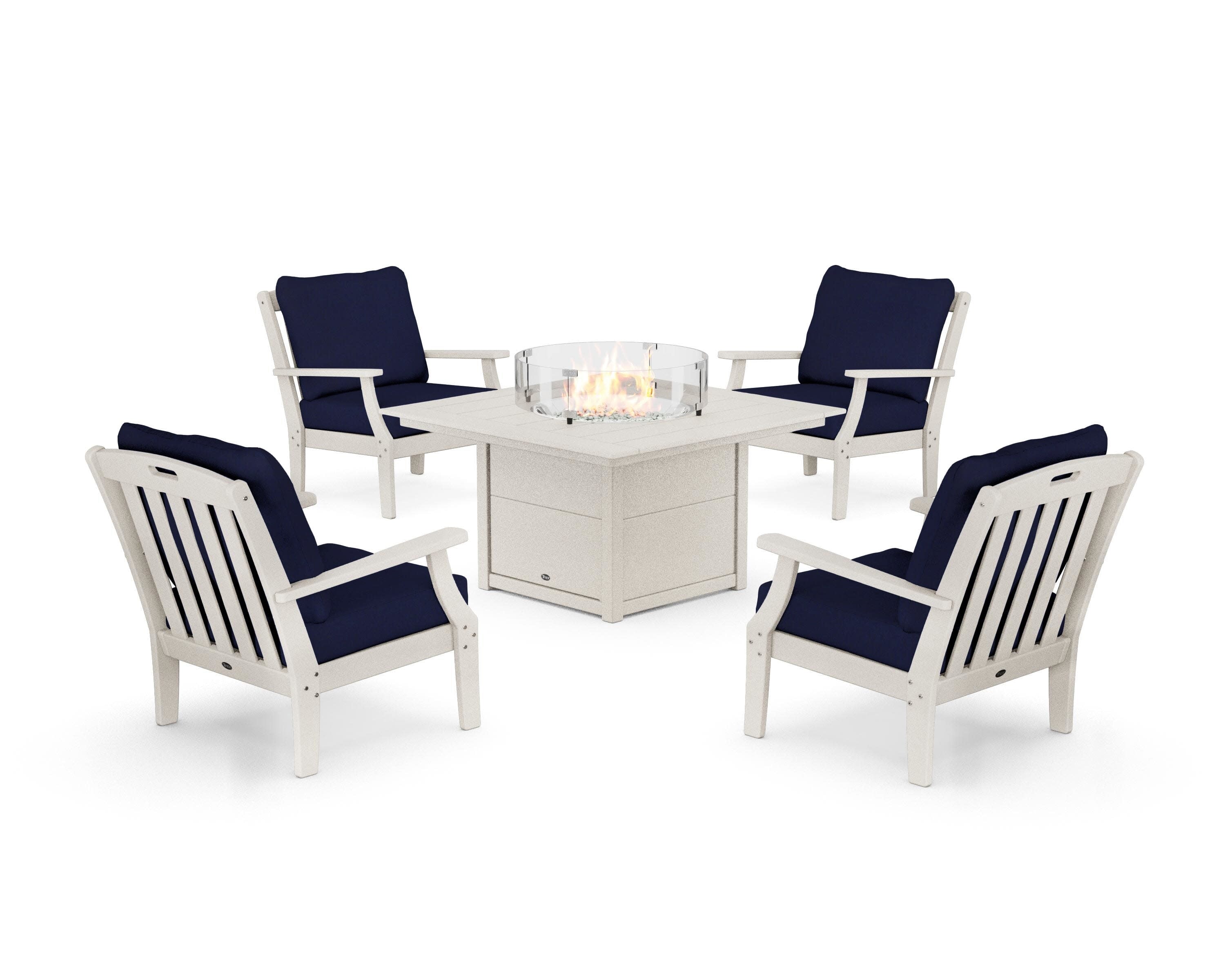 Yacht Club 5-Piece Deep Seating Set with Square Fire Pit Table in Sand Castle / Navy