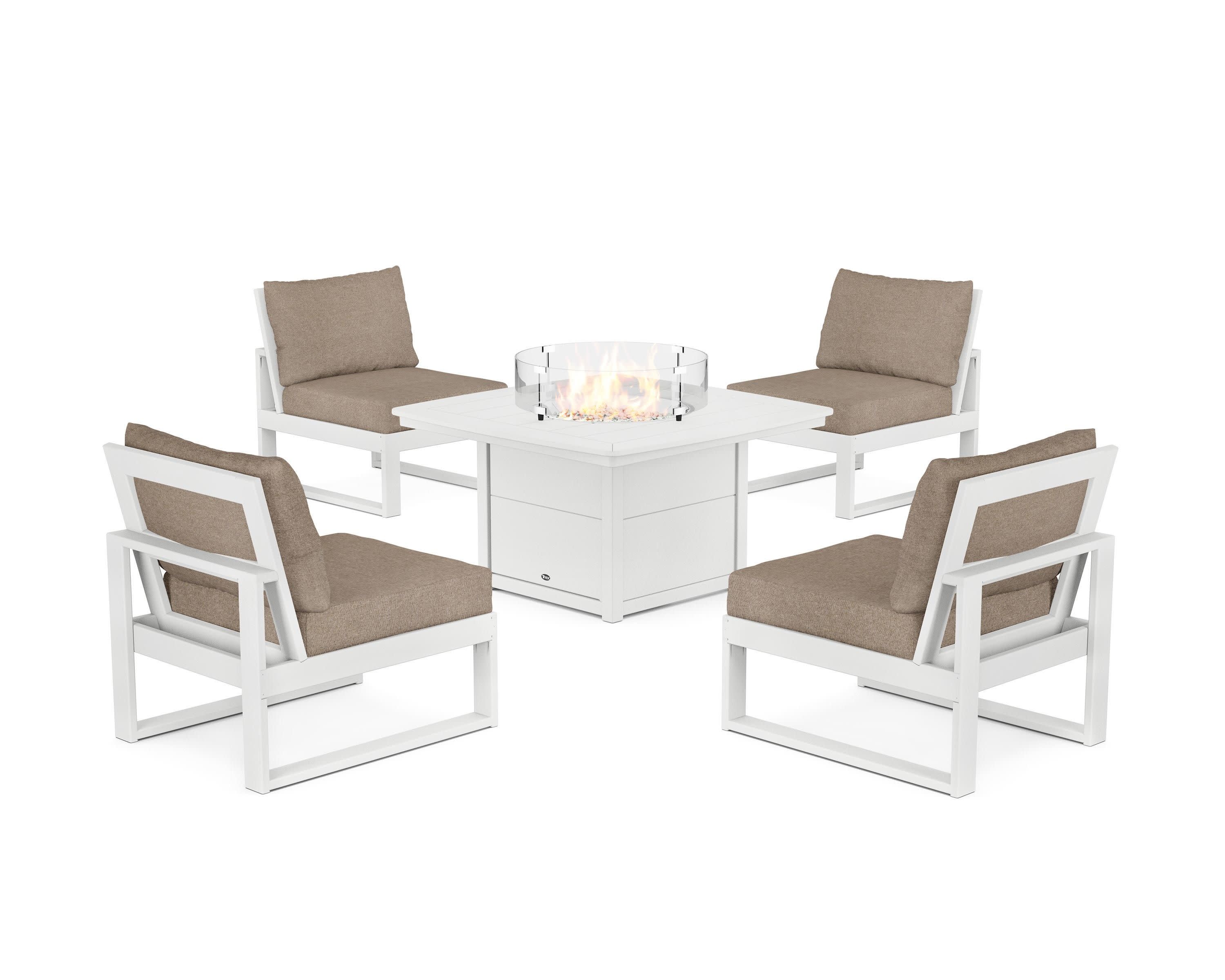 Eastport Modular 5-Piece Deep Seating Set with Yacht Club Fire Pit Table in Classic White / Spiced Burlap
