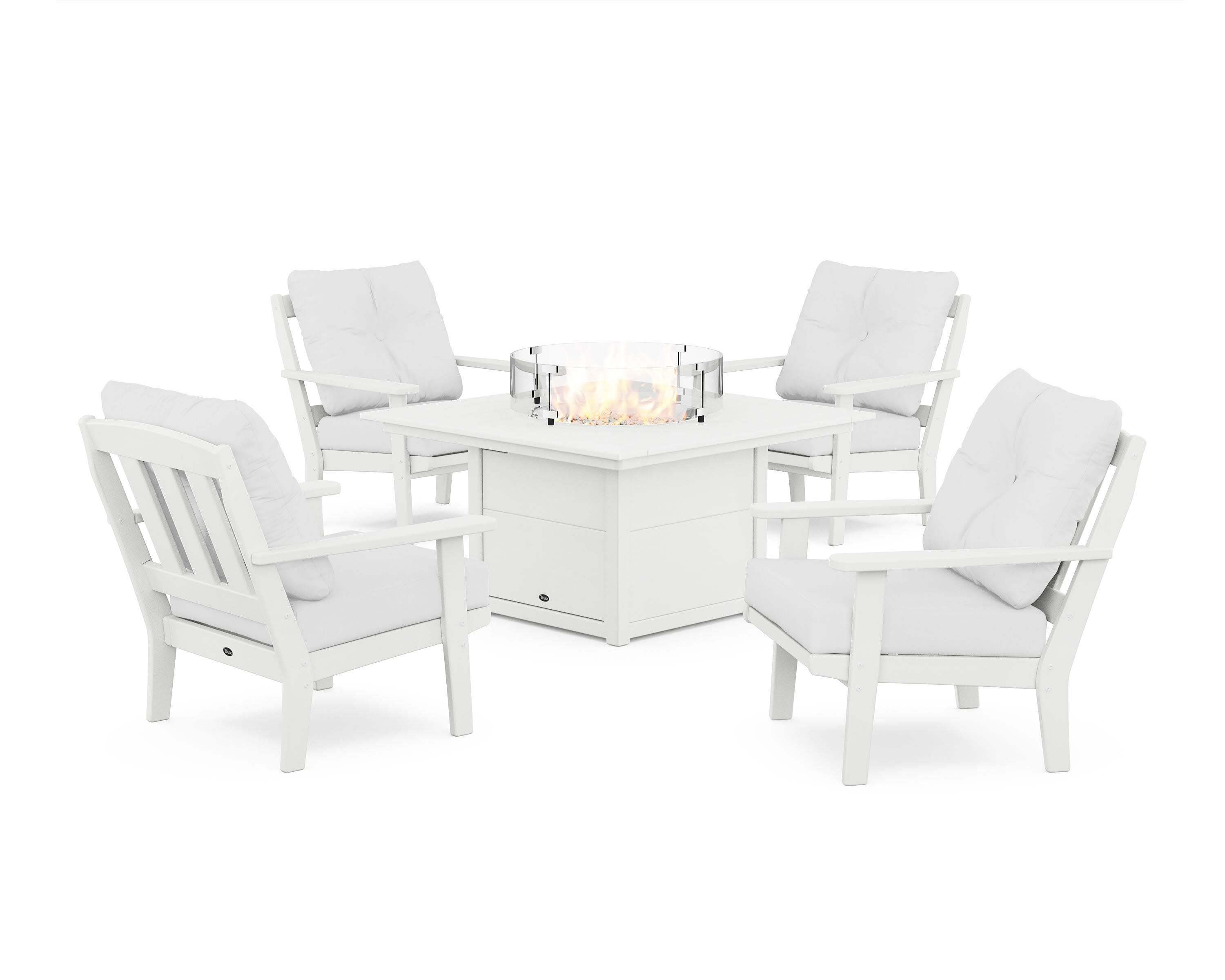Cape Cod 5-Piece Deep Seating Set with Fire Pit Table in Classic White / Natural