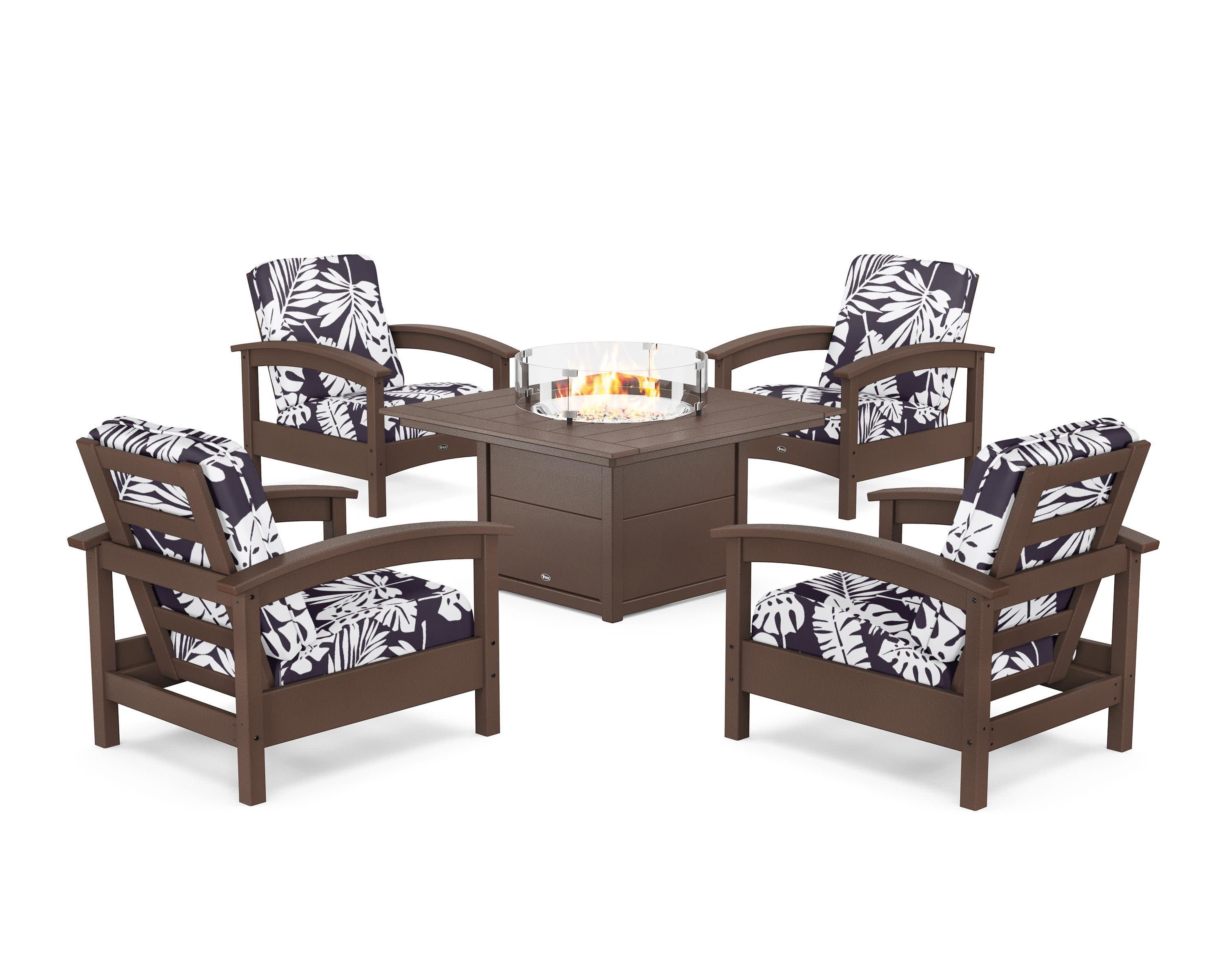 Rockport 5-Piece Deep Seating Set with Square Fire Pit Table in Vintage Lantern / Leaf Navy