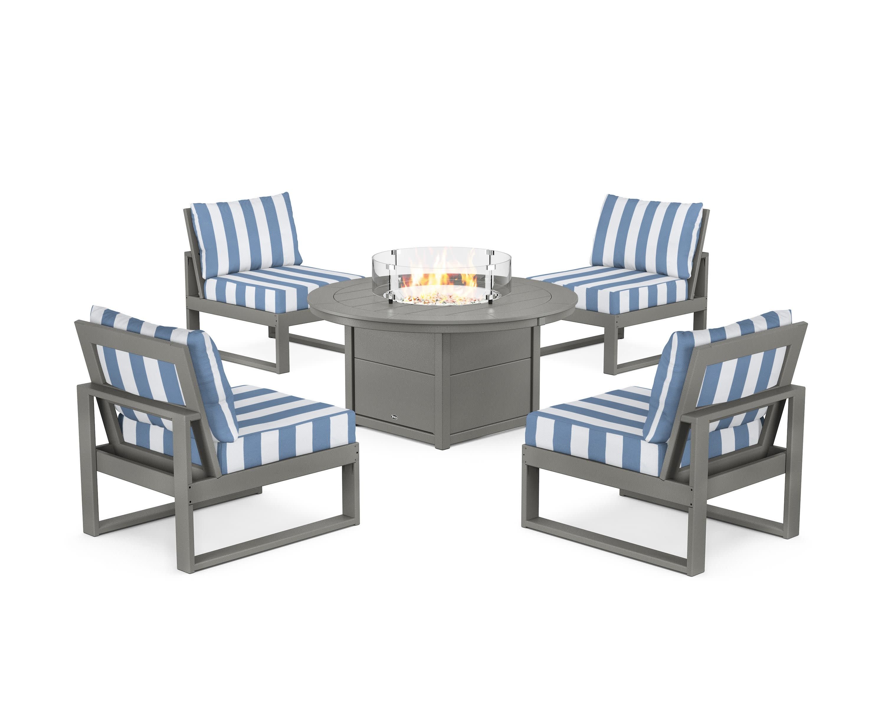 Eastport Modular 5-Piece Deep Seating Set with Round Fire Pit Table in Stepping Stone / Cabana Stripe Sky Blue
