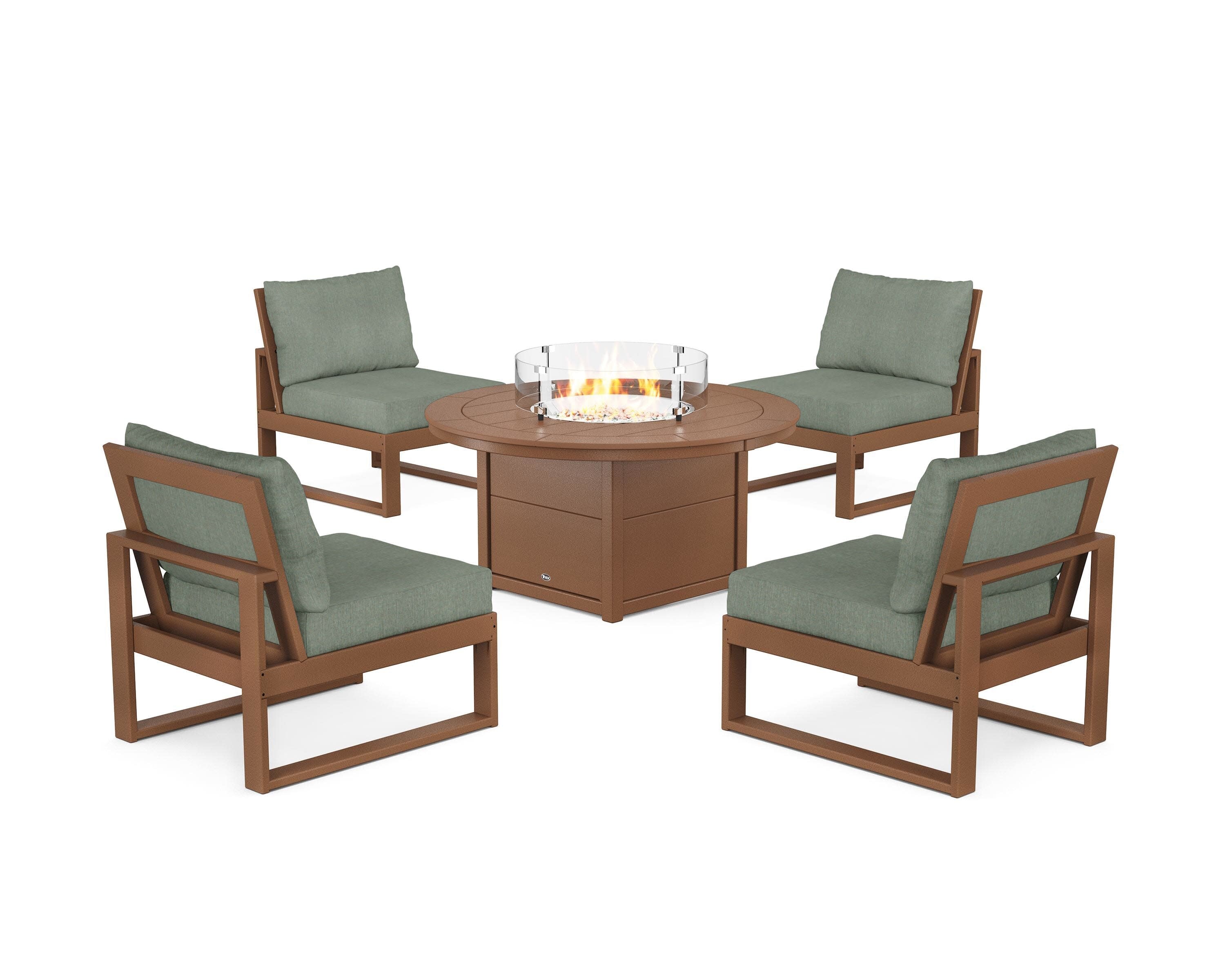 Eastport Modular 5-Piece Deep Seating Set with Round Fire Pit Table in Tree House / Cast Sage