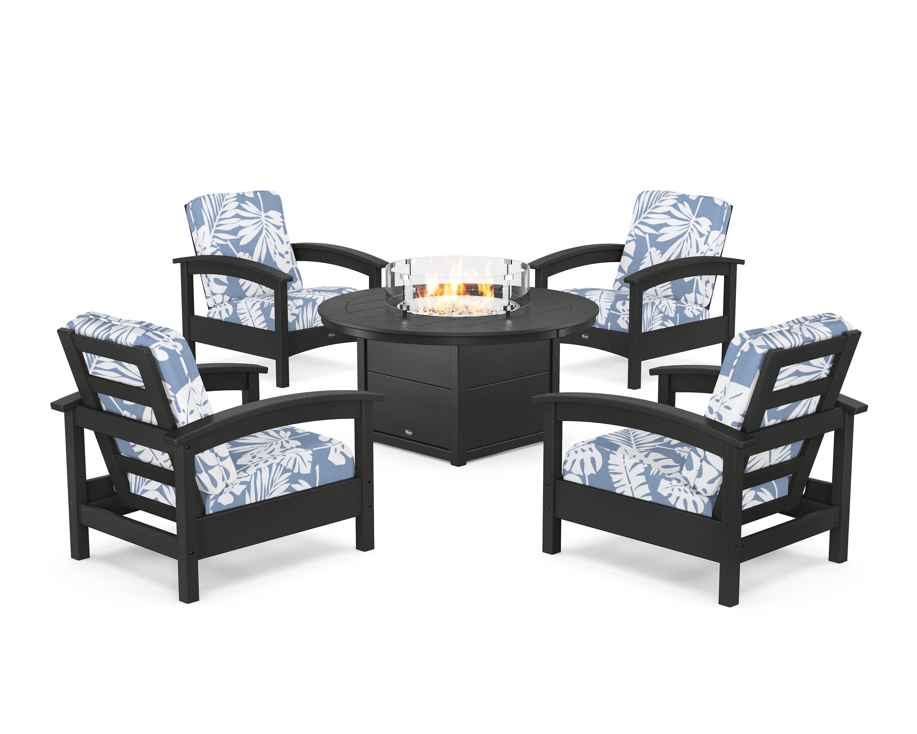 Rockport 5-Piece Deep Seating Set with Round Fire Pit Table in Charcoal Black / Leaf Sky Blue