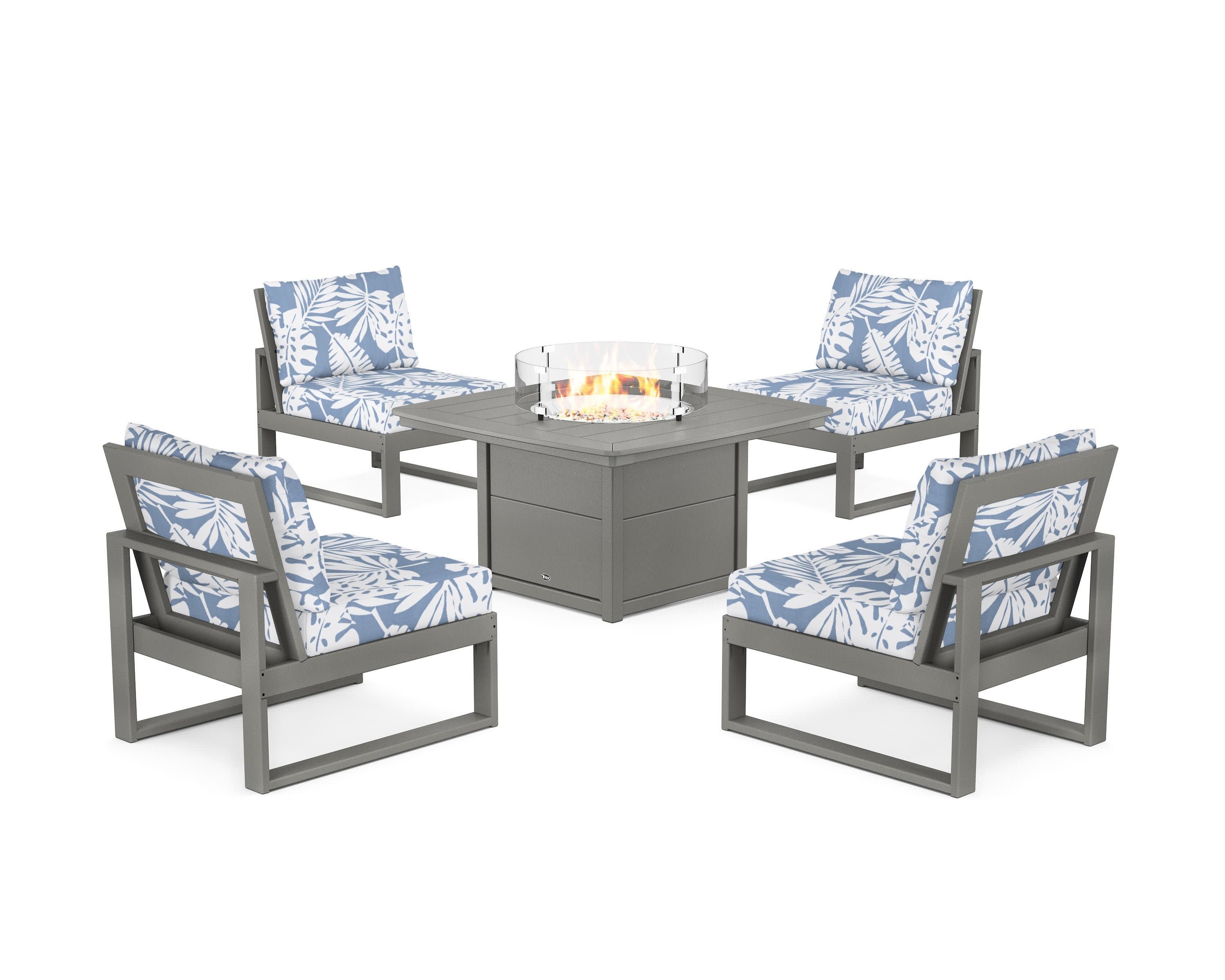 Eastport Modular 5-Piece Deep Seating Set with Yacht Club Fire Pit Table in Stepping Stone / Leaf Sky Blue