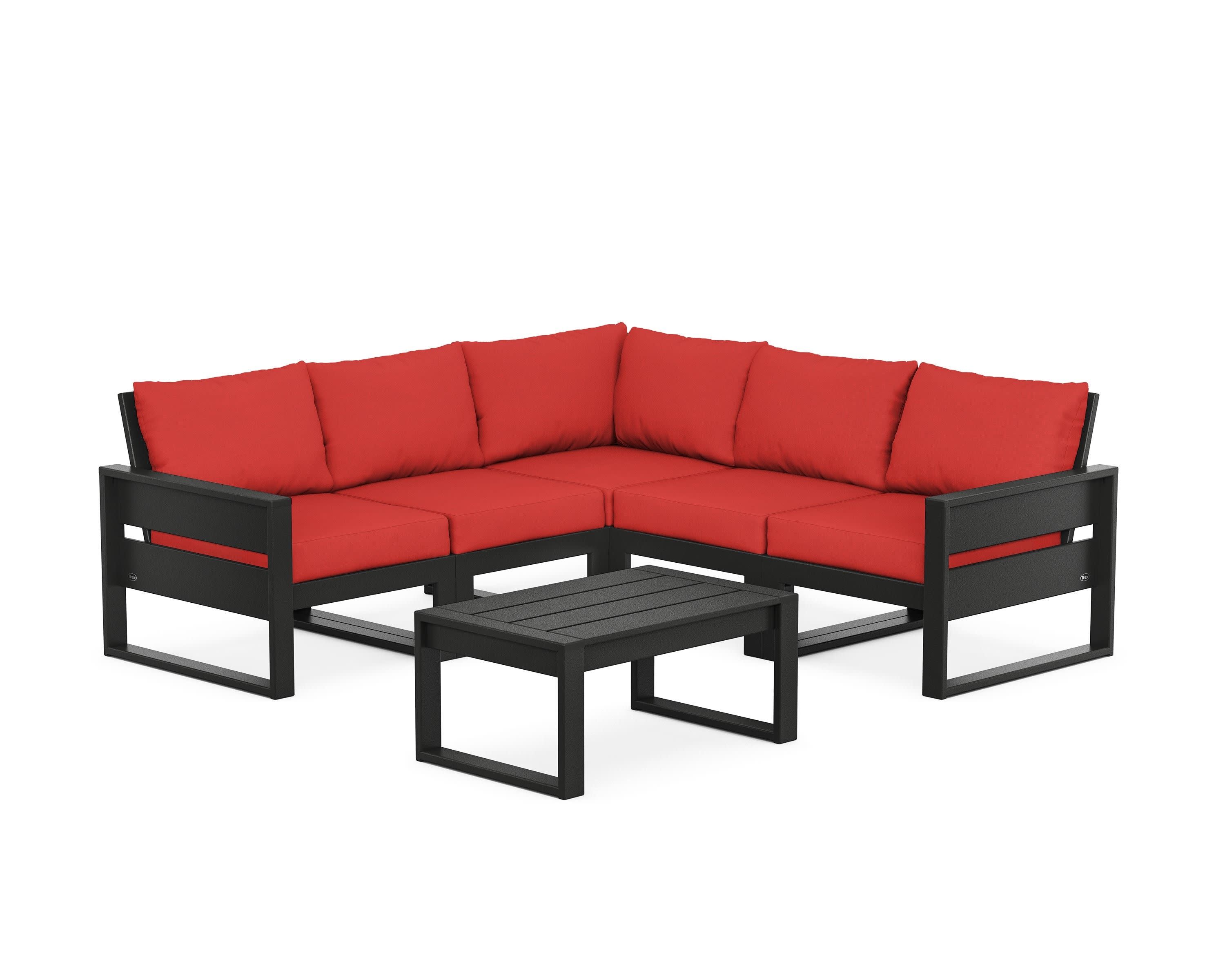 Eastport 6-Piece Deep Seating Sectional + Coffee Table Set in Charcoal Black / Crimson Linen