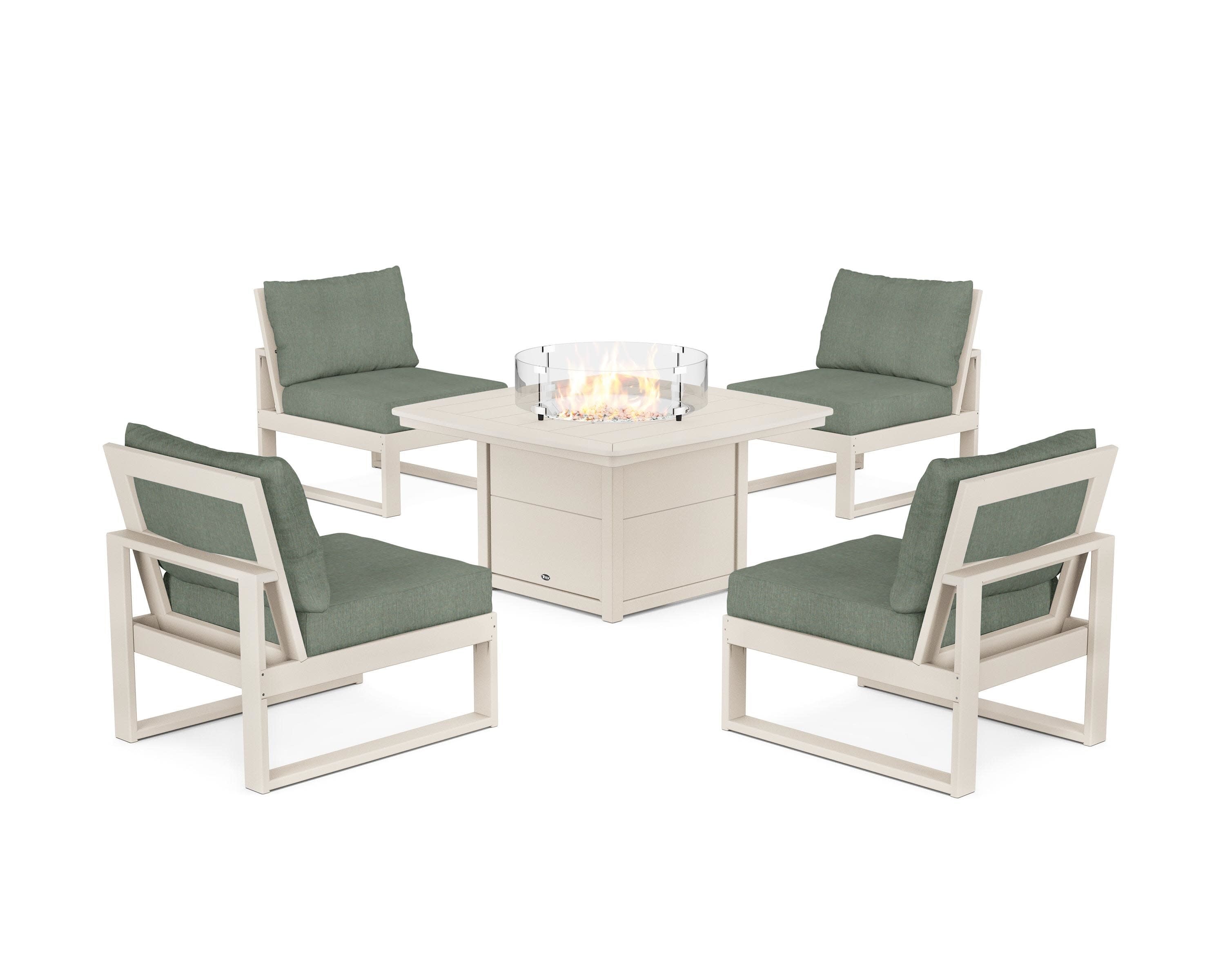 Eastport Modular 5-Piece Deep Seating Set with Yacht Club Fire Pit Table in Sand Castle / Cast Sage