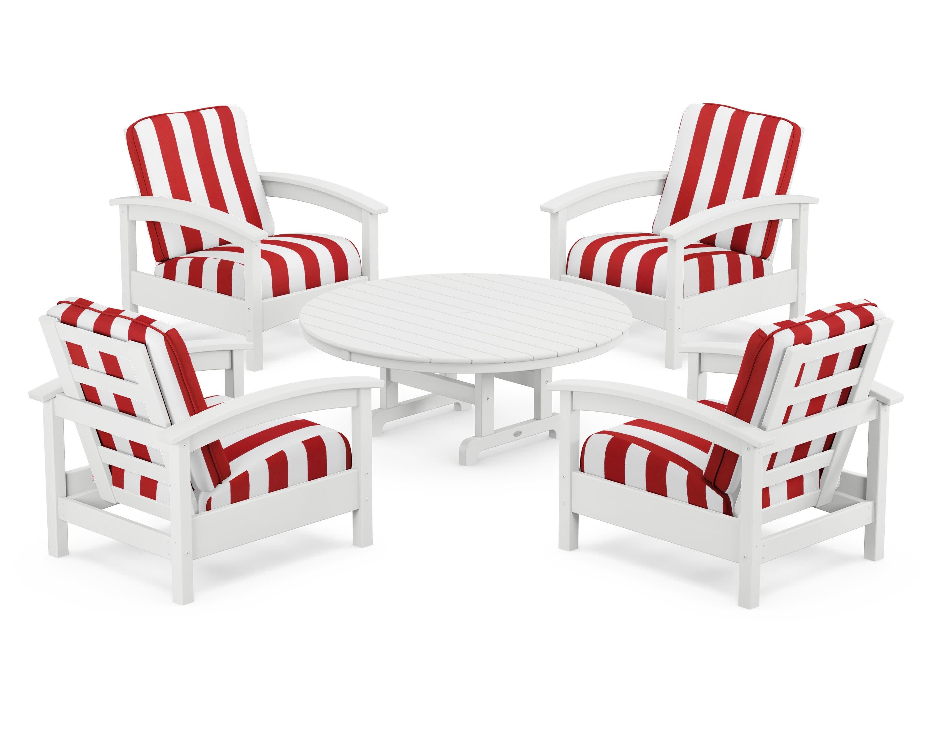 Rockport 5-Piece Deep Seating Set in Classic White / Cabana Stripe Crimson