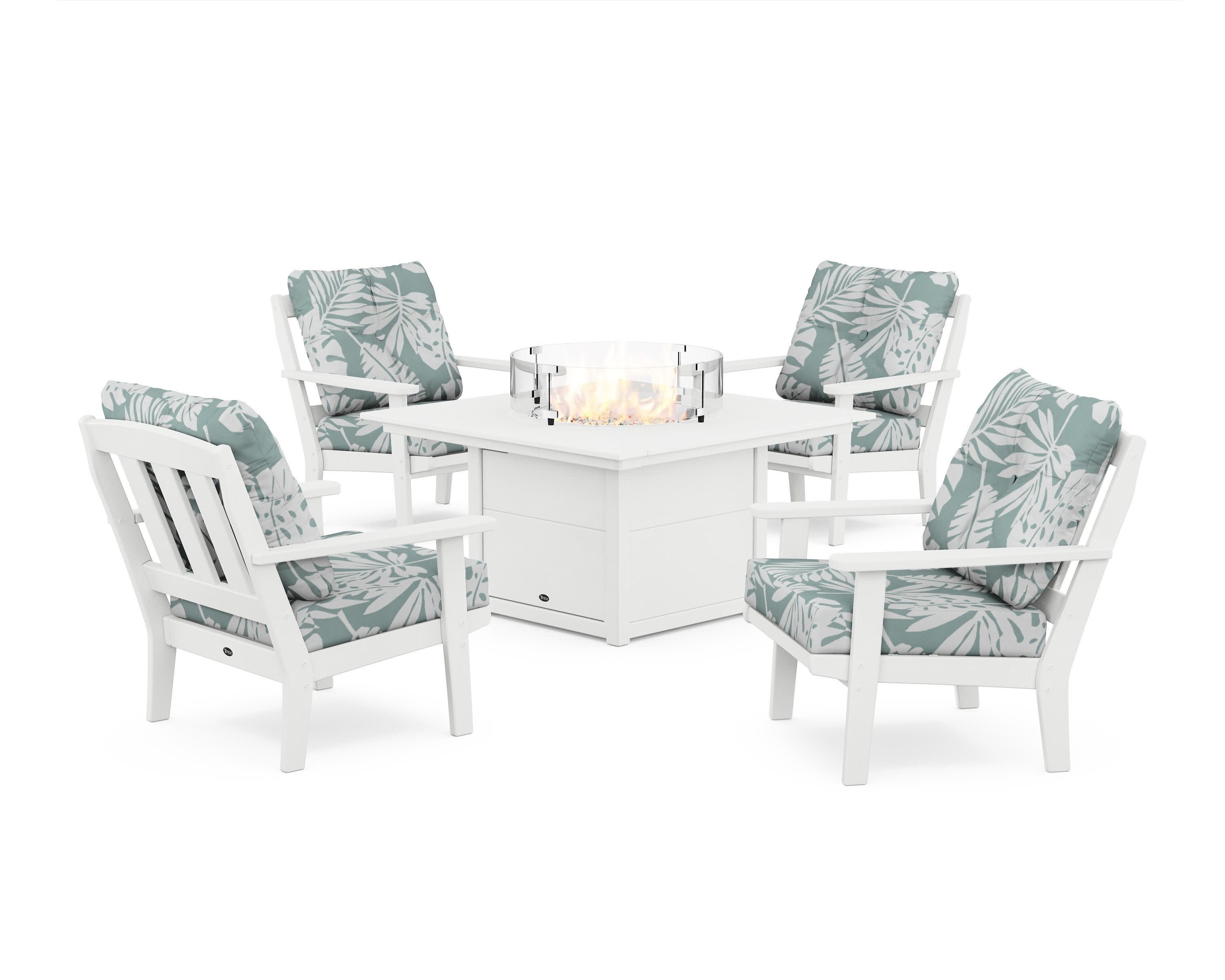 Cape Cod 5-Piece Deep Seating Set with Fire Pit Table in Classic White / Leaf Glacier Spa