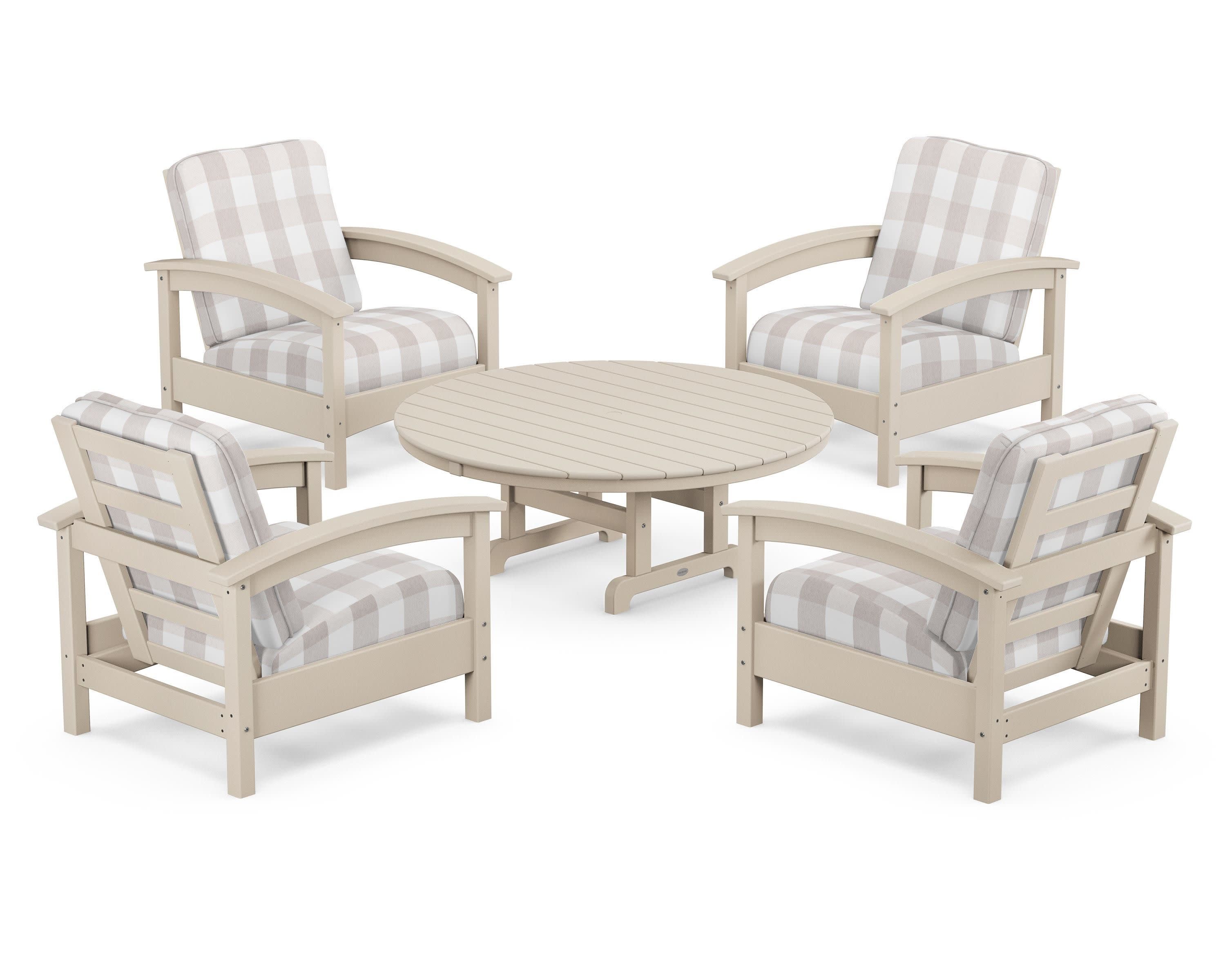 Rockport 5-Piece Deep Seating Set in Sand Castle / Buffalo Plaid Dune Burlap