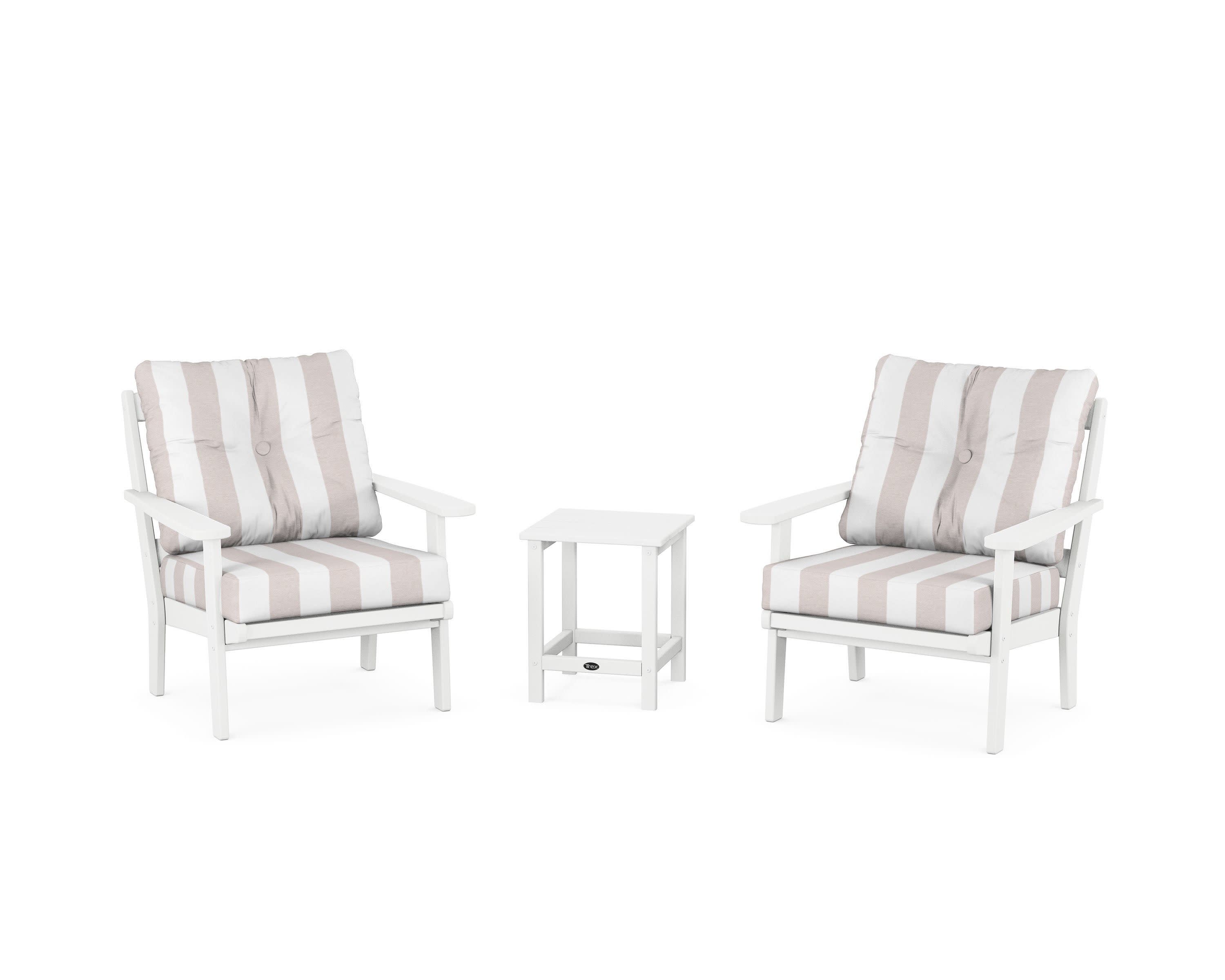 Cape Cod 3-Piece Deep Seating Set in Classic White / Cabana Stripe Dune Burlap