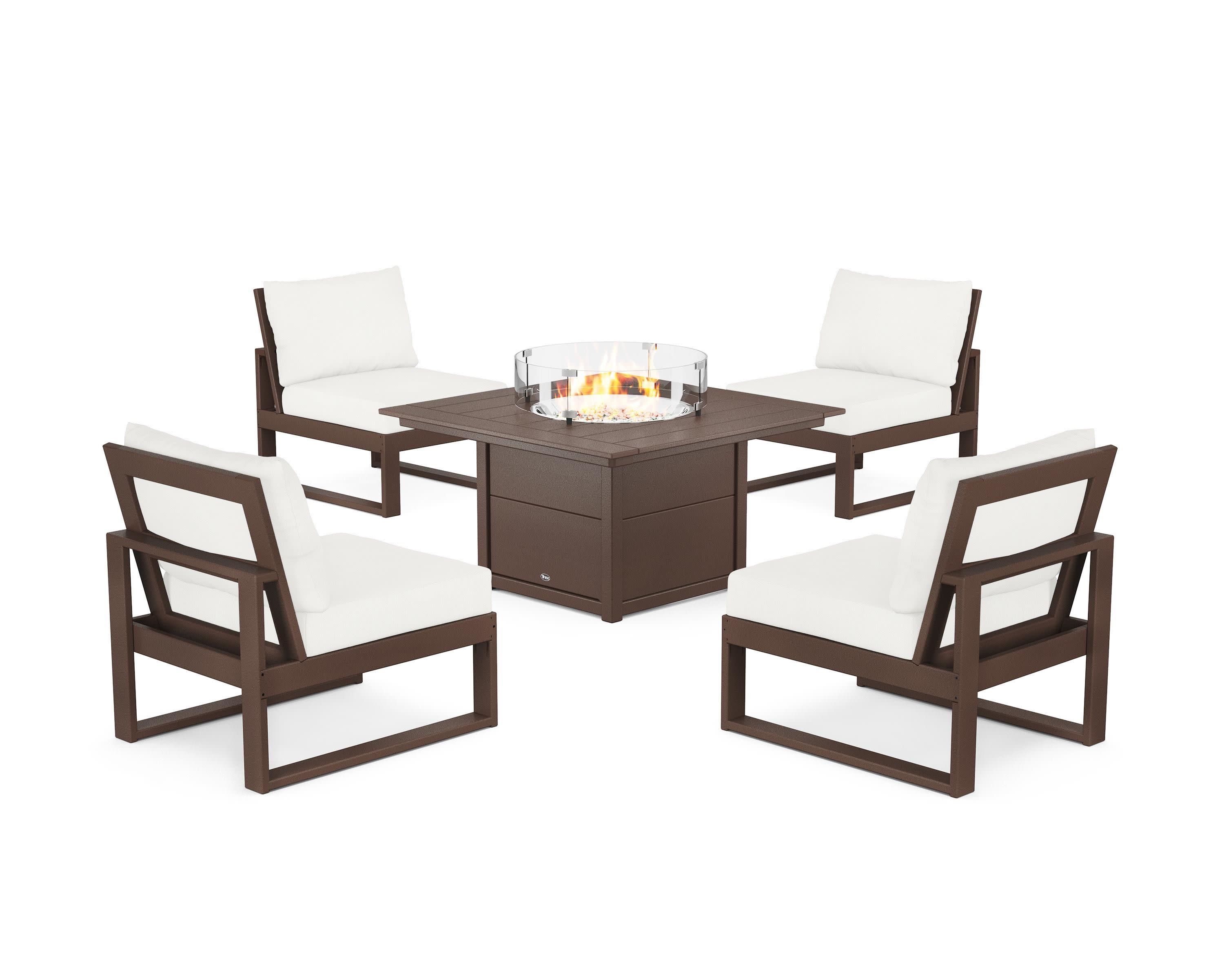 Eastport Modular 5-Piece Deep Seating Set with Square Fire Pit Table in Vintage Lantern / Natural Linen