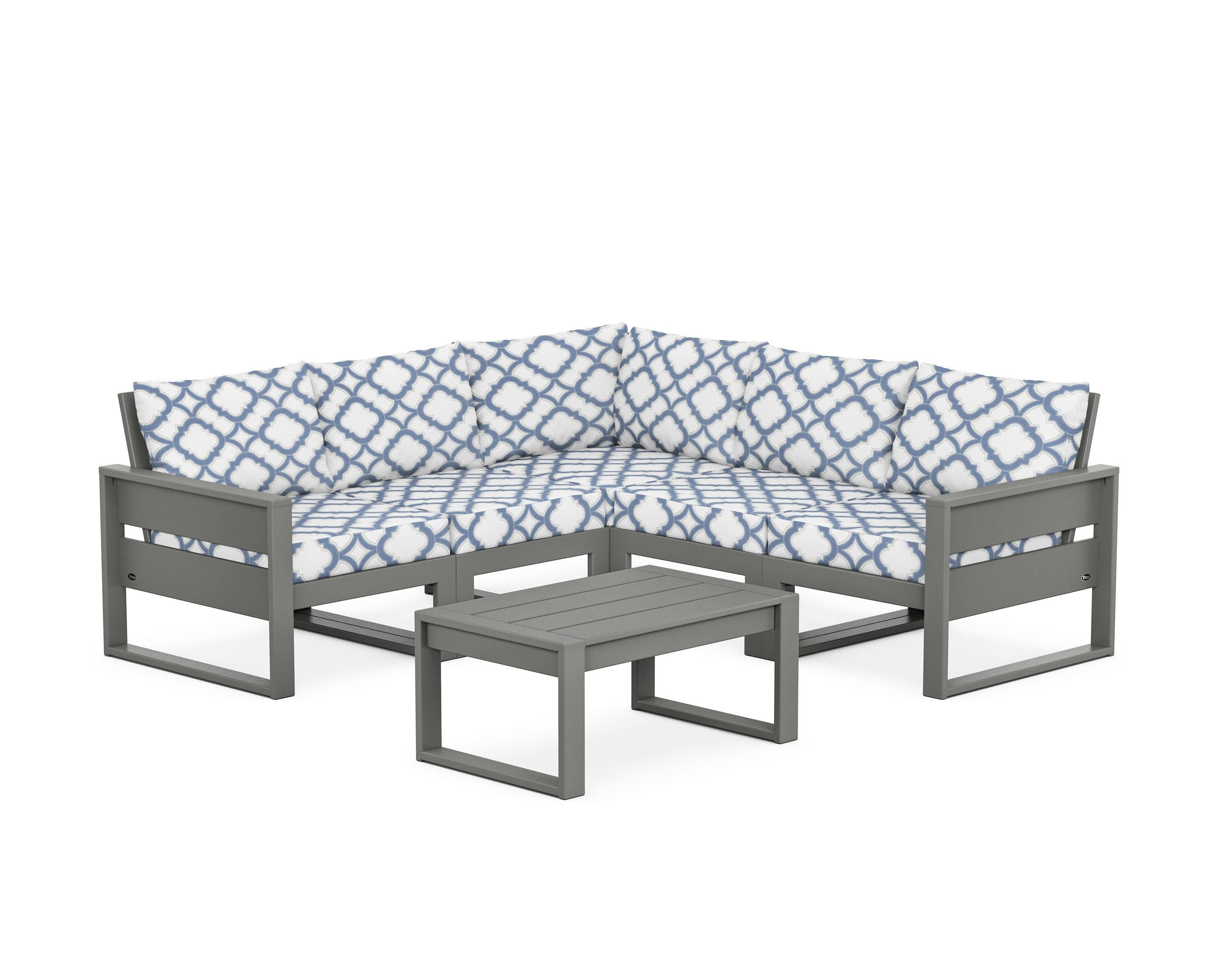 Eastport 6-Piece Deep Seating Sectional + Coffee Table Set in Stepping Stone / Trellis Sky Blue