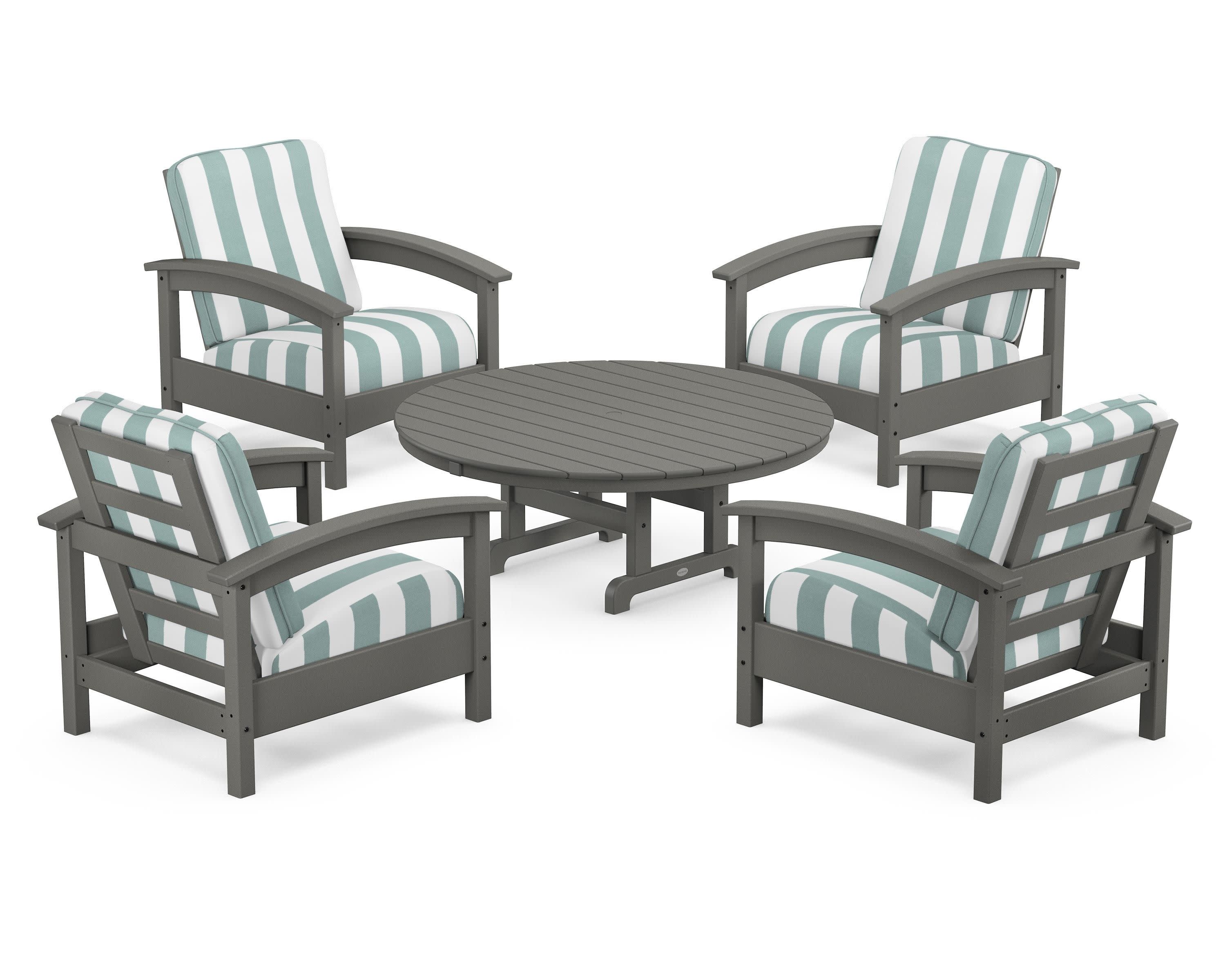 Rockport 5-Piece Deep Seating Set in Stepping Stone / Cabana Stripe Glacier Spa