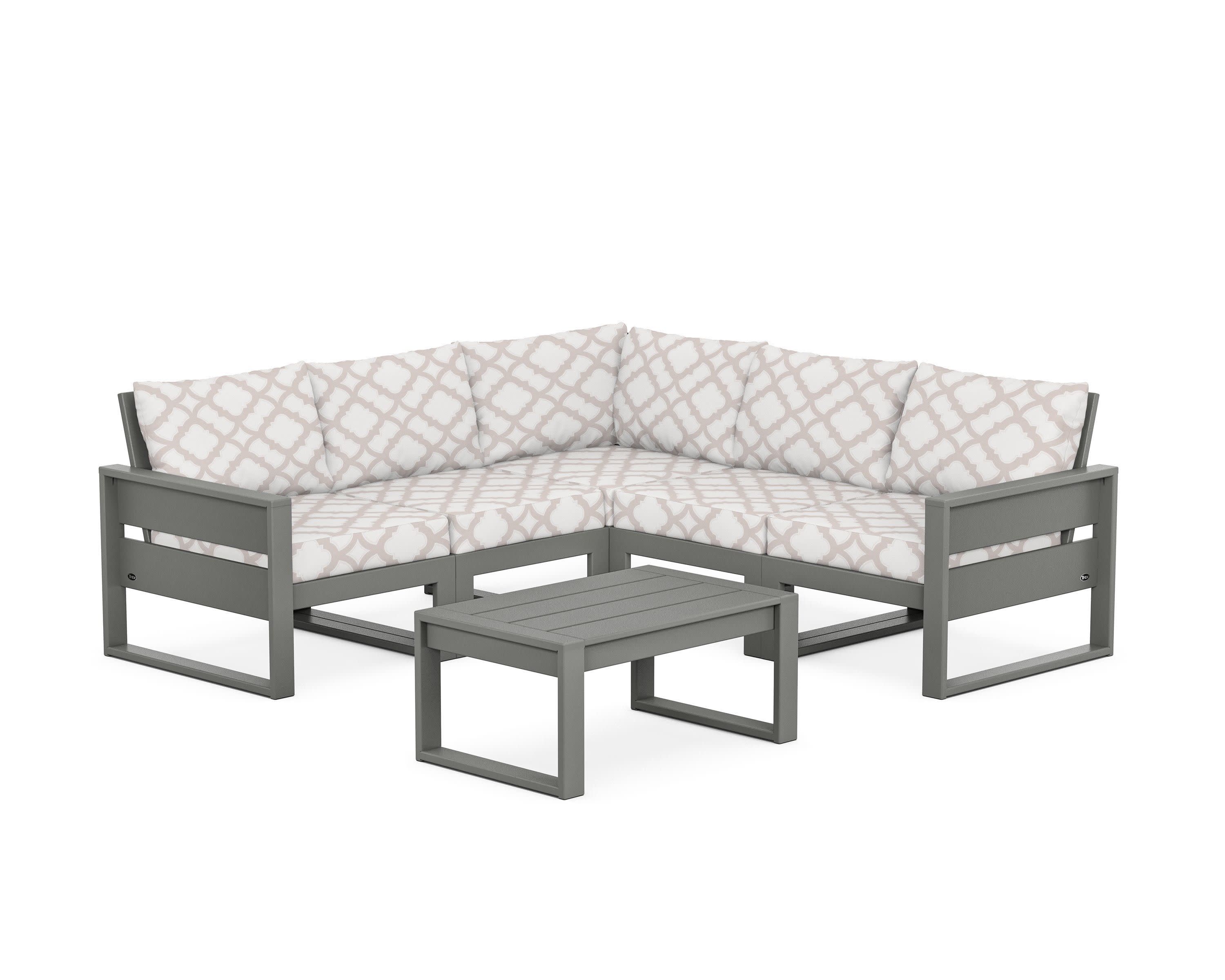 Eastport 6-Piece Deep Seating Sectional + Coffee Table Set in Stepping Stone / Trellis Dune Burlap