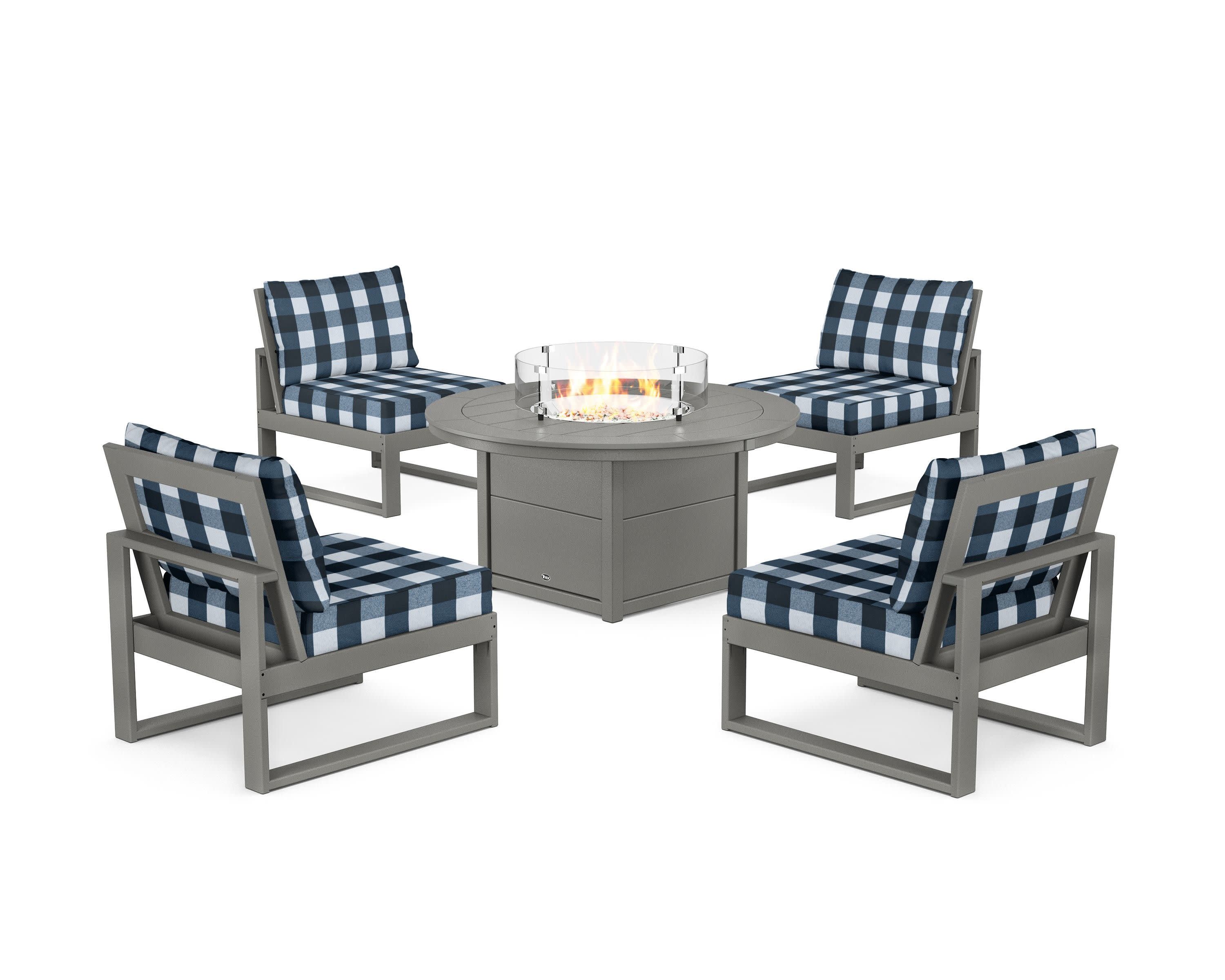 Eastport Modular 5-Piece Deep Seating Set with Round Fire Pit Table in Stepping Stone / Buffalo Plaid Marine Indigo