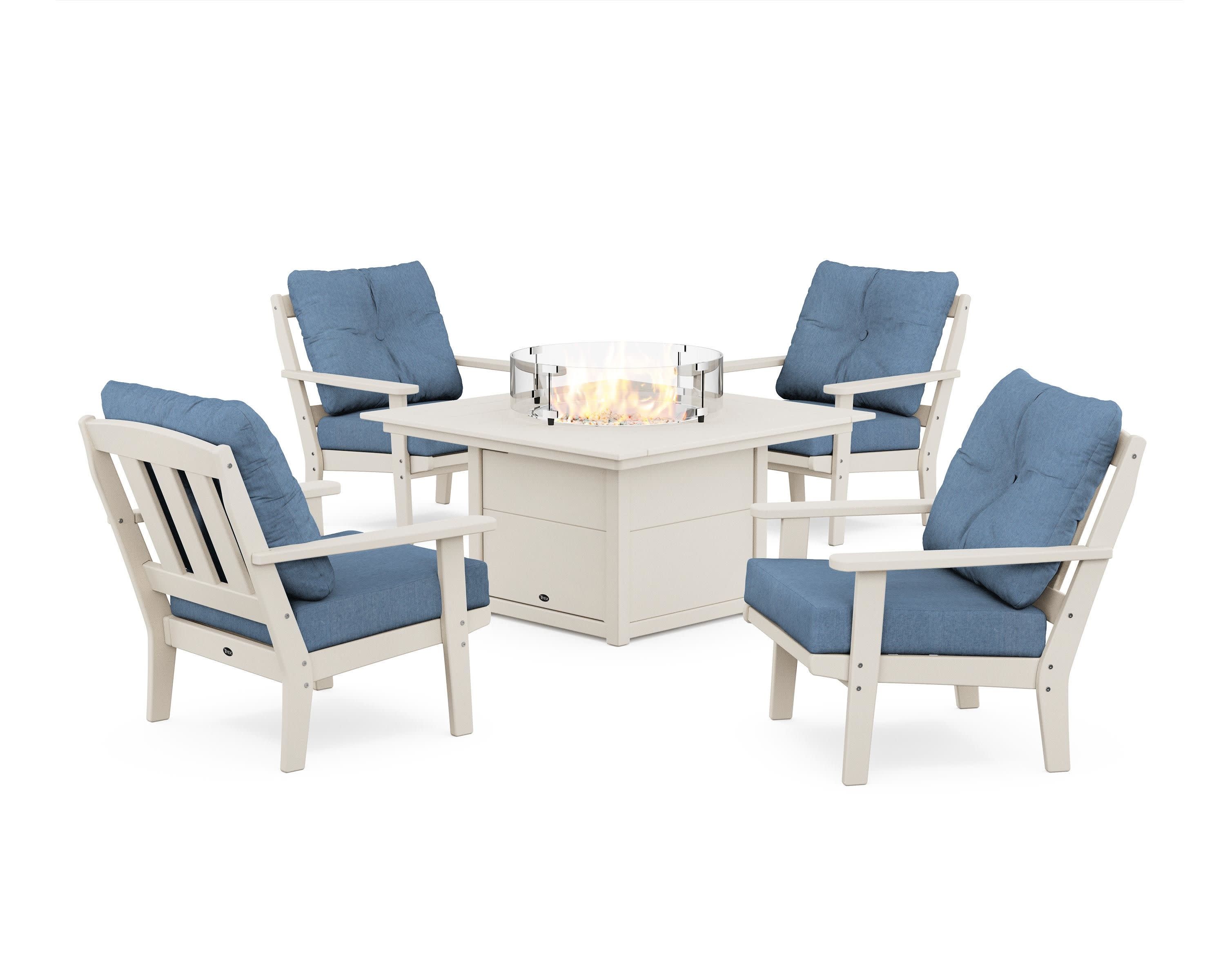 Cape Cod 5-Piece Deep Seating Set with Fire Pit Table in Sand Castle / Sky Blue