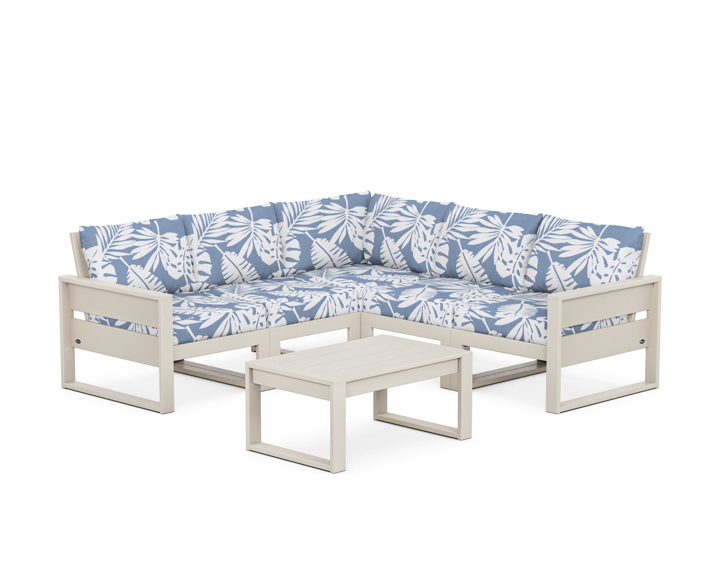 Eastport 6-Piece Deep Seating Sectional + Coffee Table Set in Sand Castle / Leaf Sky Blue