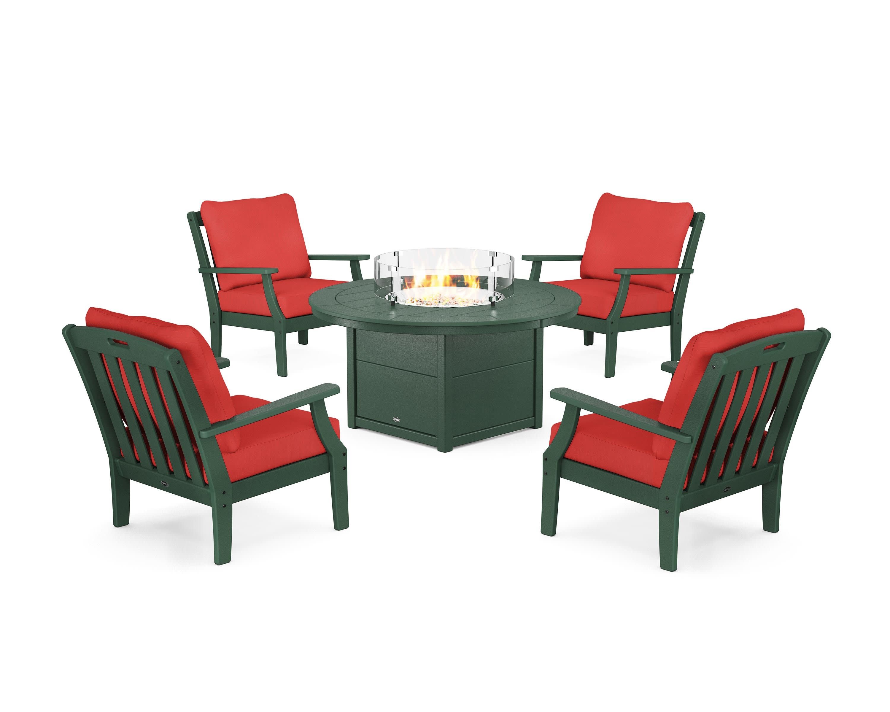 Yacht Club 5-Piece Deep Seating Set with Round Fire Pit Table in Rainforest Canopy / Crimson Linen