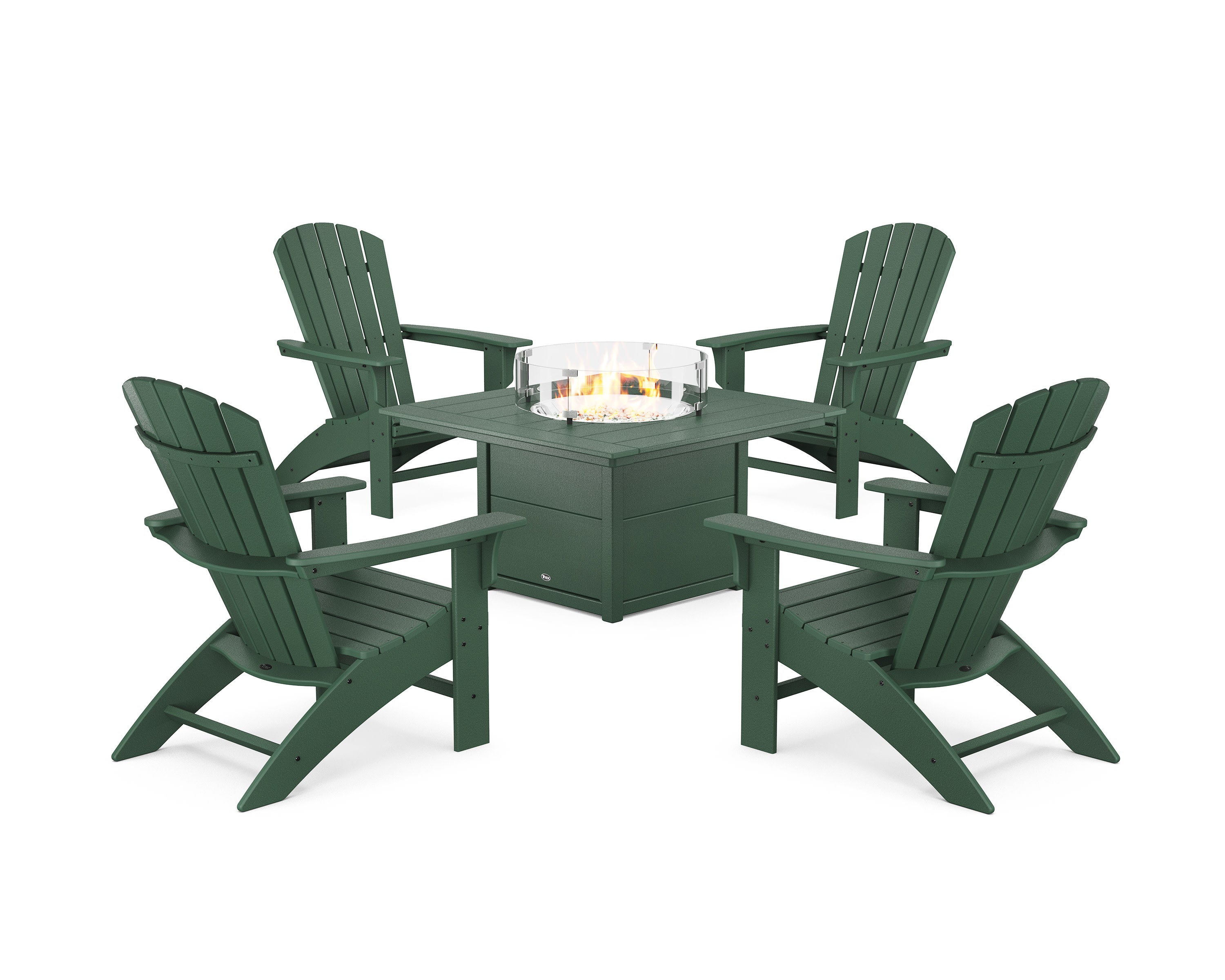 Yacht Club Adirondack 5-Piece Set with Square Fire Pit Table in Rainforest Canopy