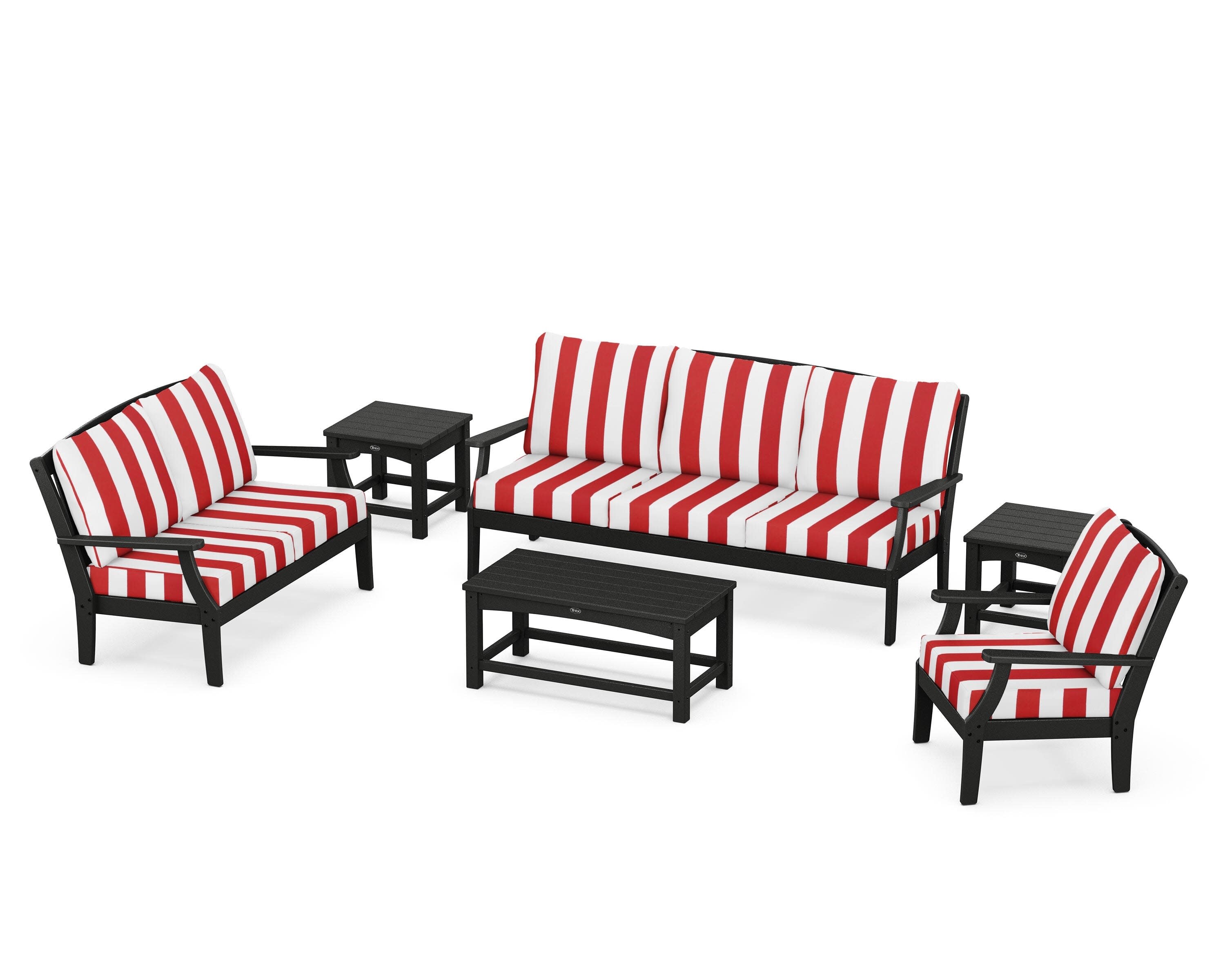 Yacht Club 6-Piece Deep Seating Set in Charcoal Black / Cabana Stripe Crimson