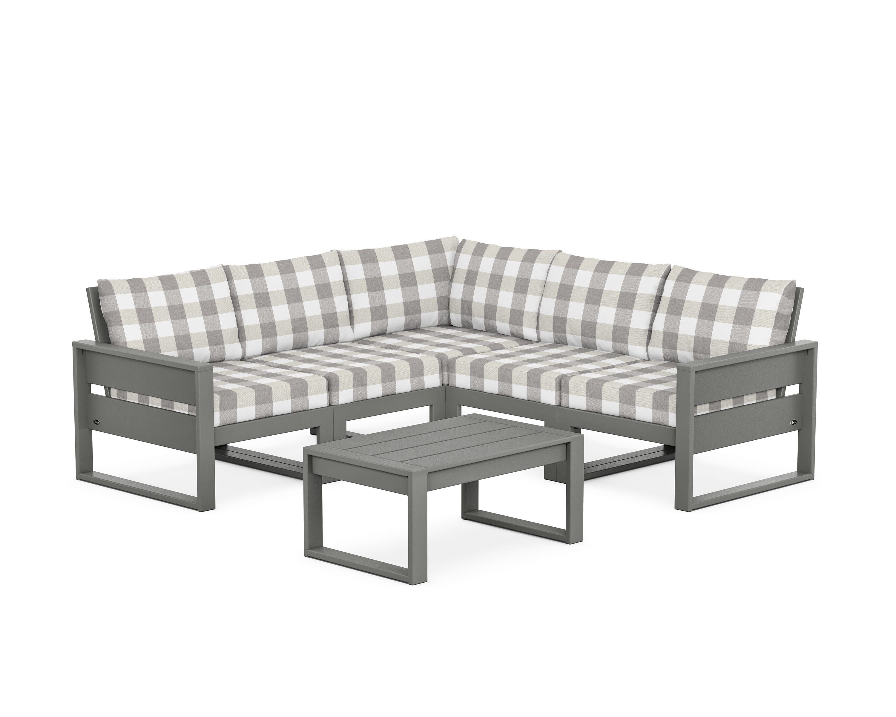 Eastport 6-Piece Deep Seating Sectional + Coffee Table Set in Stepping Stone / Buffalo Plaid Grey Mist