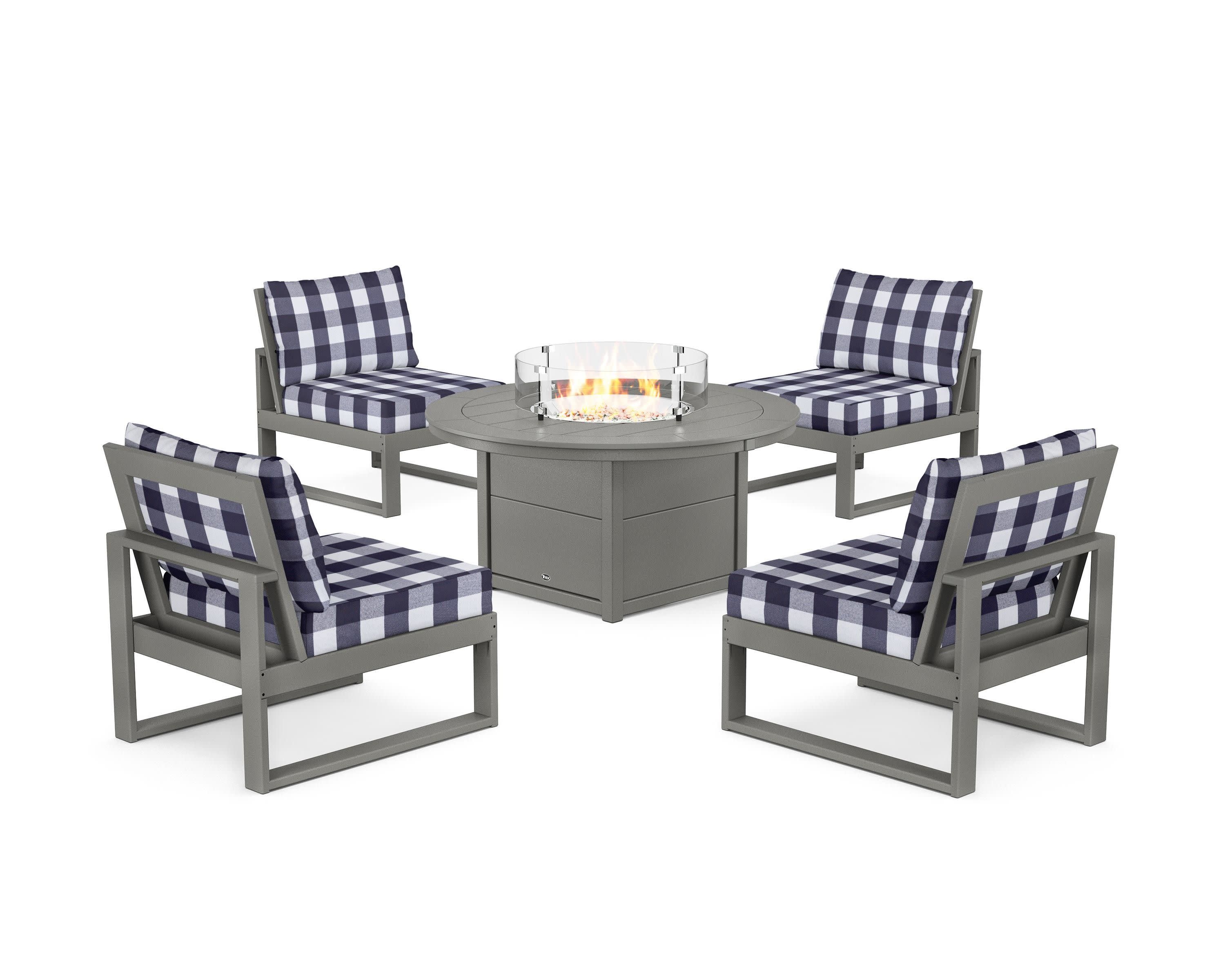 Eastport Modular 5-Piece Deep Seating Set with Round Fire Pit Table in Stepping Stone / Buffalo Plaid Navy