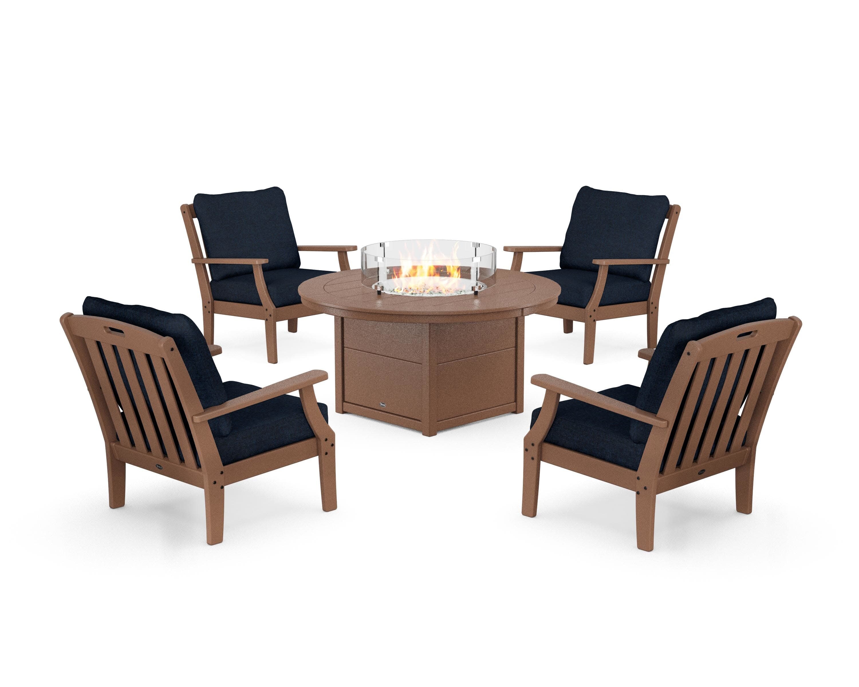 Yacht Club 5-Piece Deep Seating Set with Round Fire Pit Table in Tree House / Marine Indigo