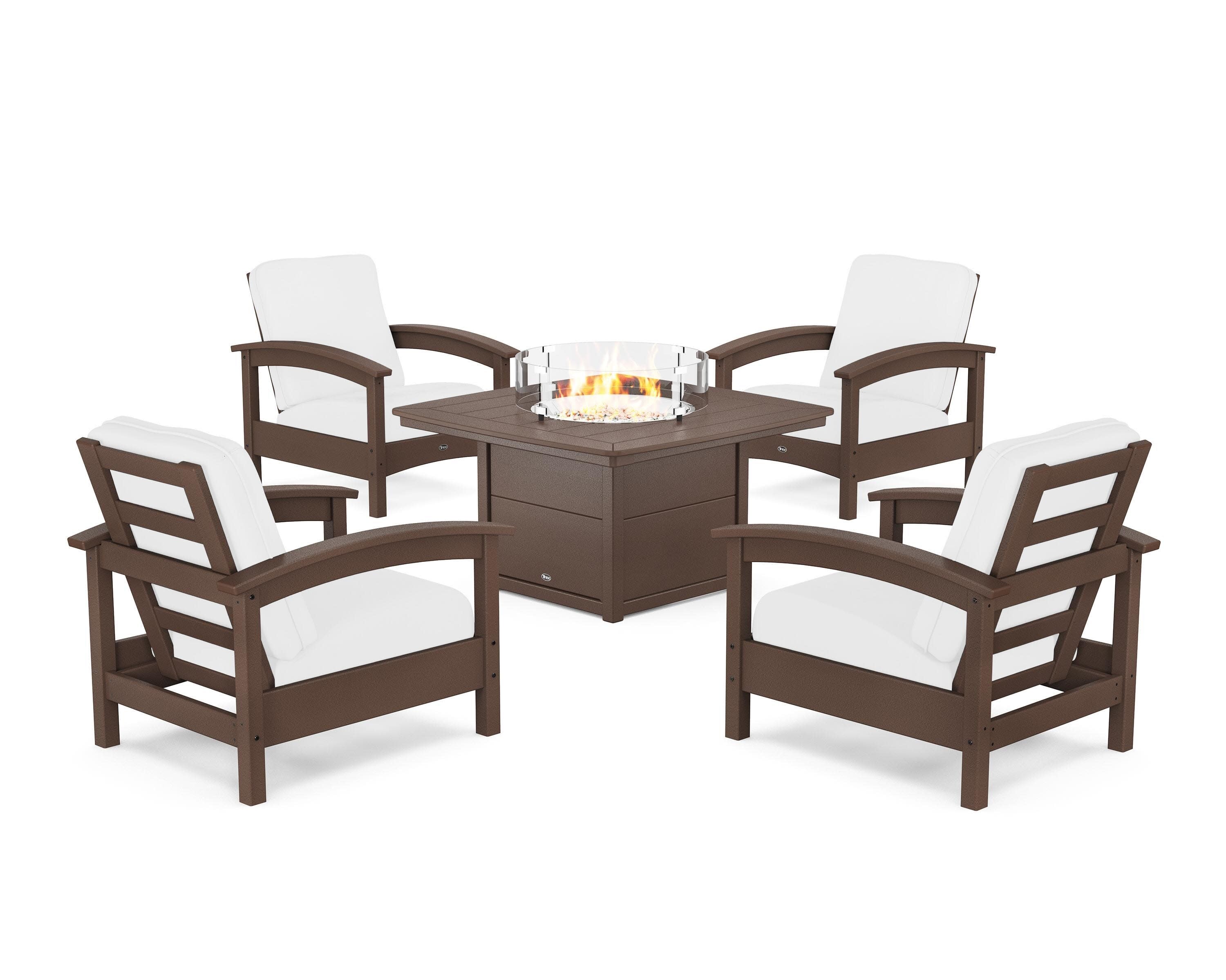 Rockport 5-Piece Deep Seating Set with Yacht Club Fire Pit Table in Vintage Lantern / Natural