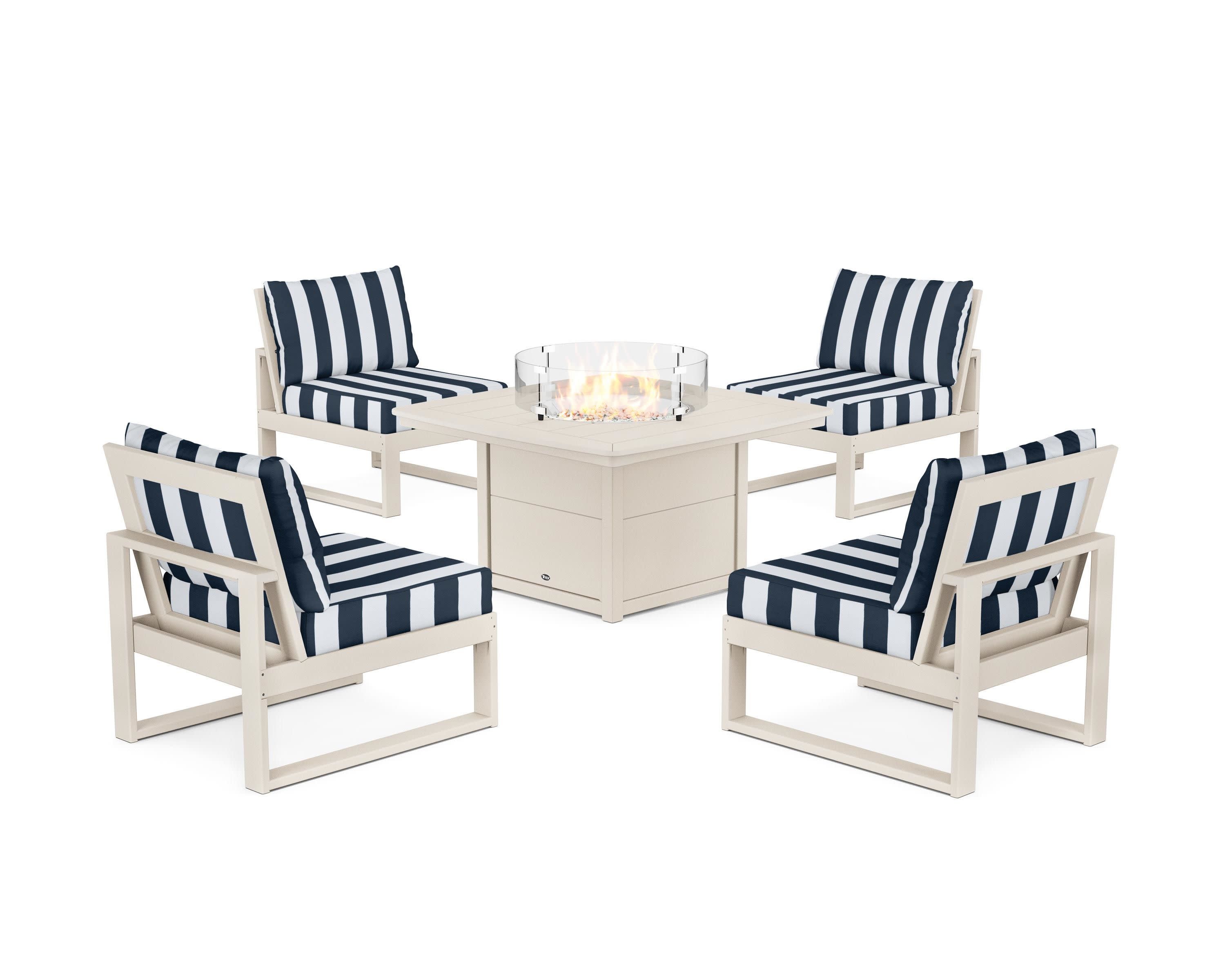 Eastport Modular 5-Piece Deep Seating Set with Yacht Club Fire Pit Table in Sand Castle / Cabana Stripe Marine Indigo