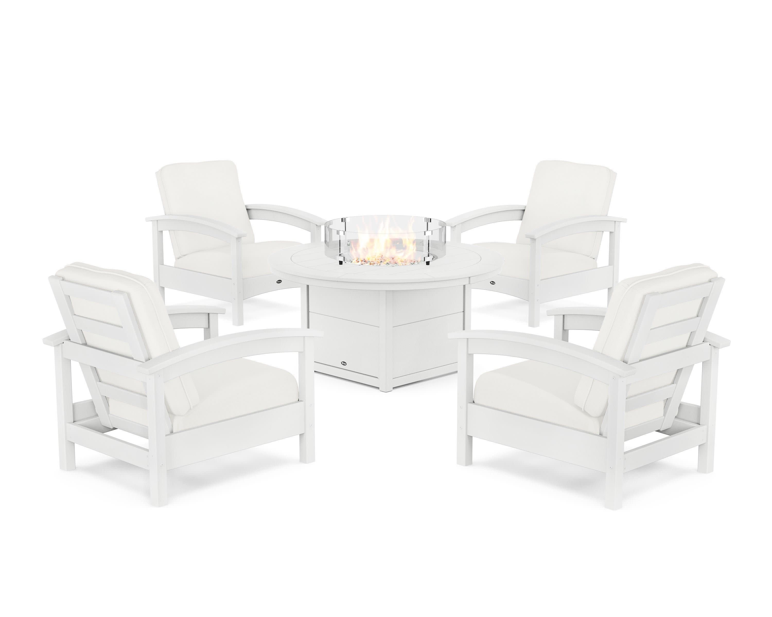 Rockport 5-Piece Deep Seating Set with Round Fire Pit Table in Classic White / Natural Linen